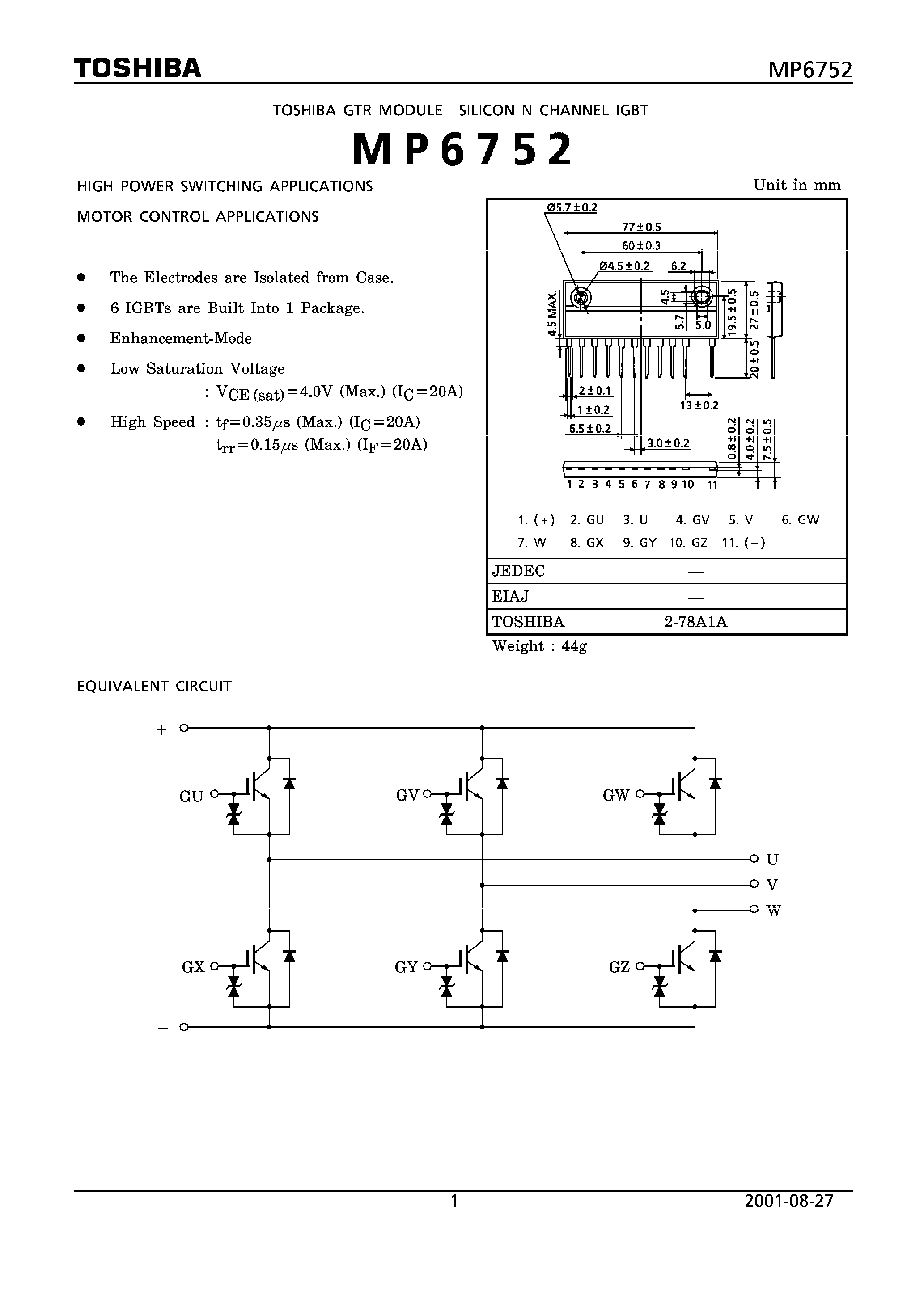 Datasheet MP6752 - HIGH POWER SWITCHING APPLICATIONS MOTOR CONTROL APPLICATIONS page 1