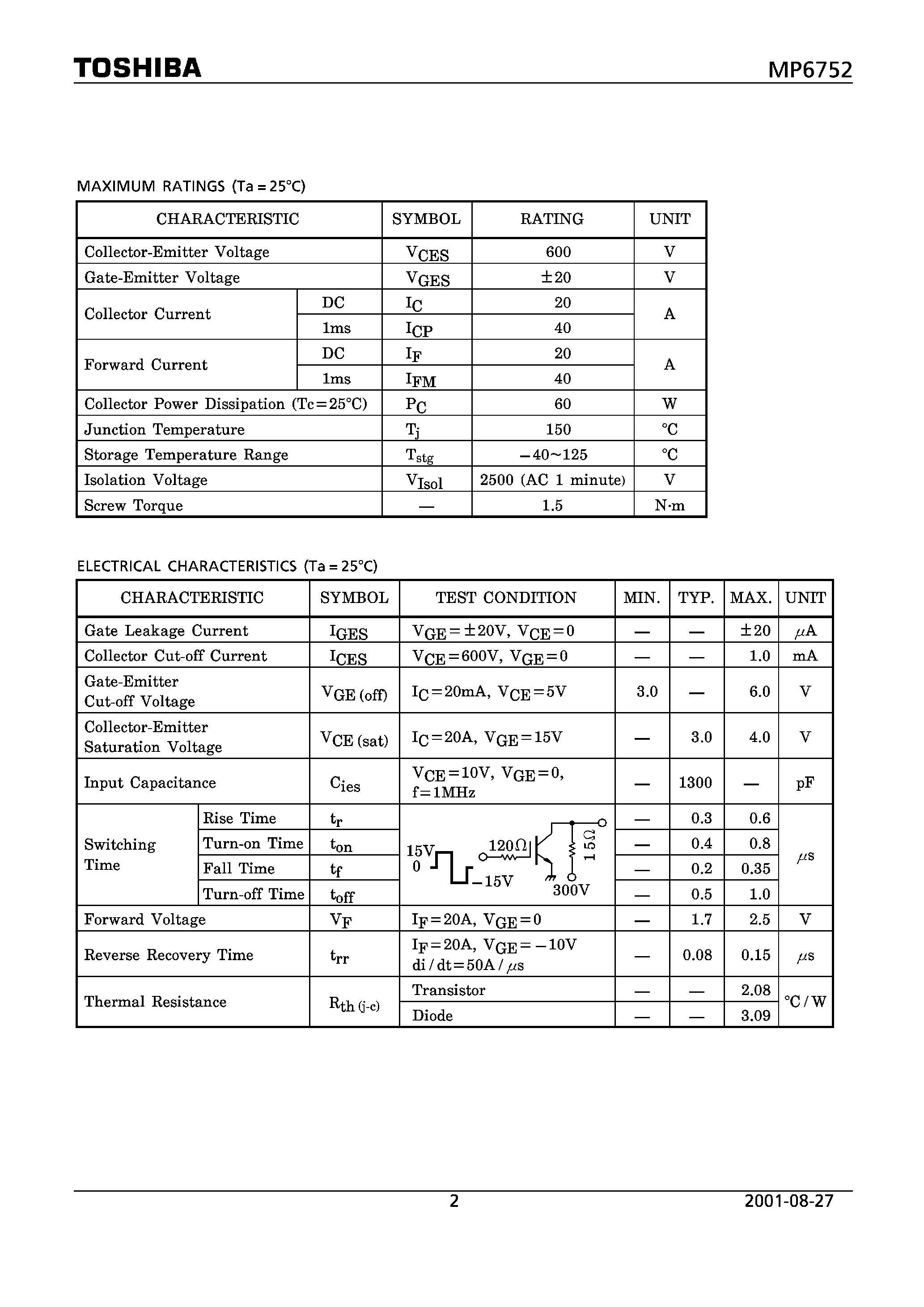 Datasheet MP6752 - HIGH POWER SWITCHING APPLICATIONS MOTOR CONTROL APPLICATIONS page 2