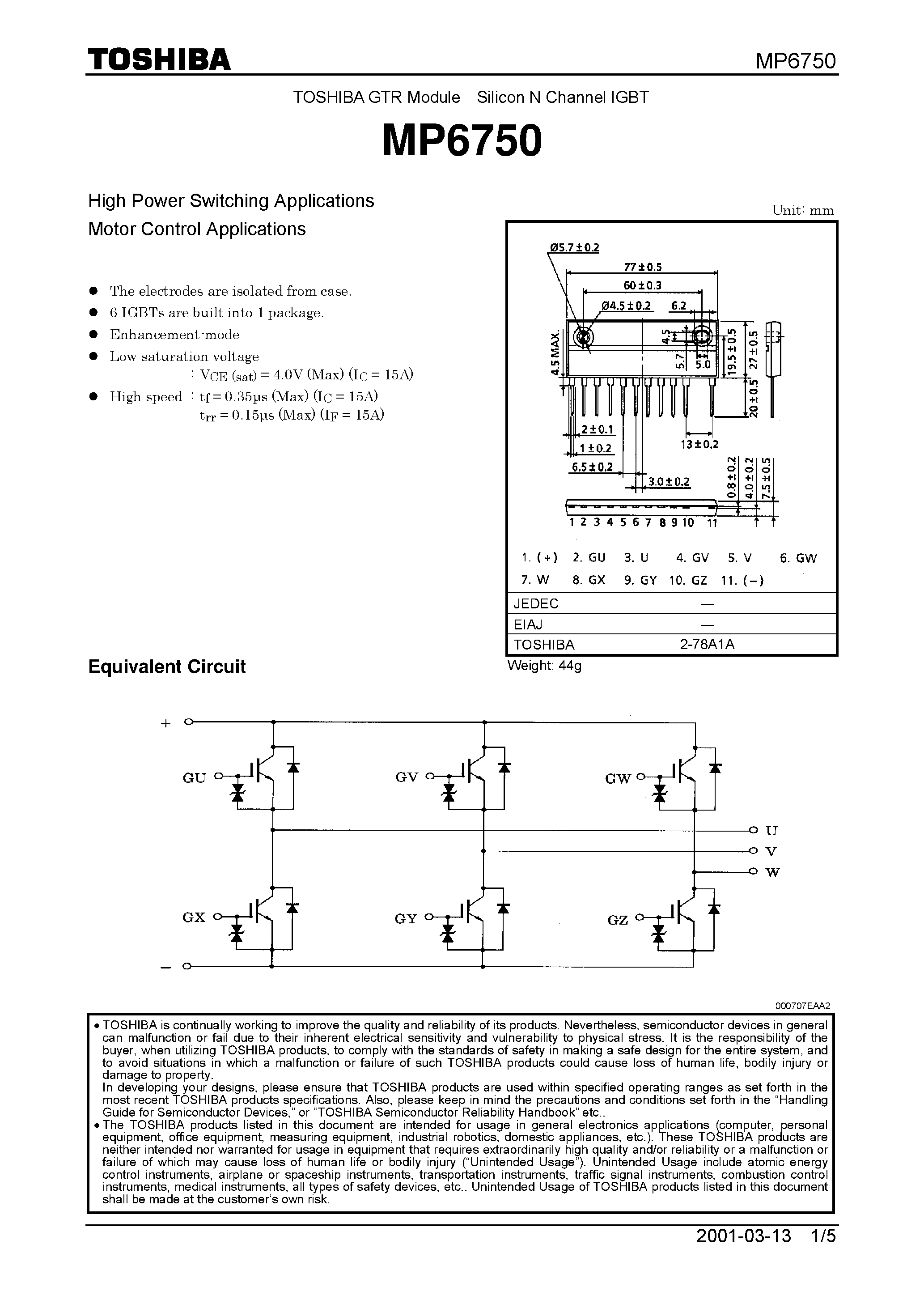 Datasheet MP6750 - N CHANNEL IGBT (HIGH POWER SWITCHING / MOTOR CONTROL APPLICATIONS) page 1