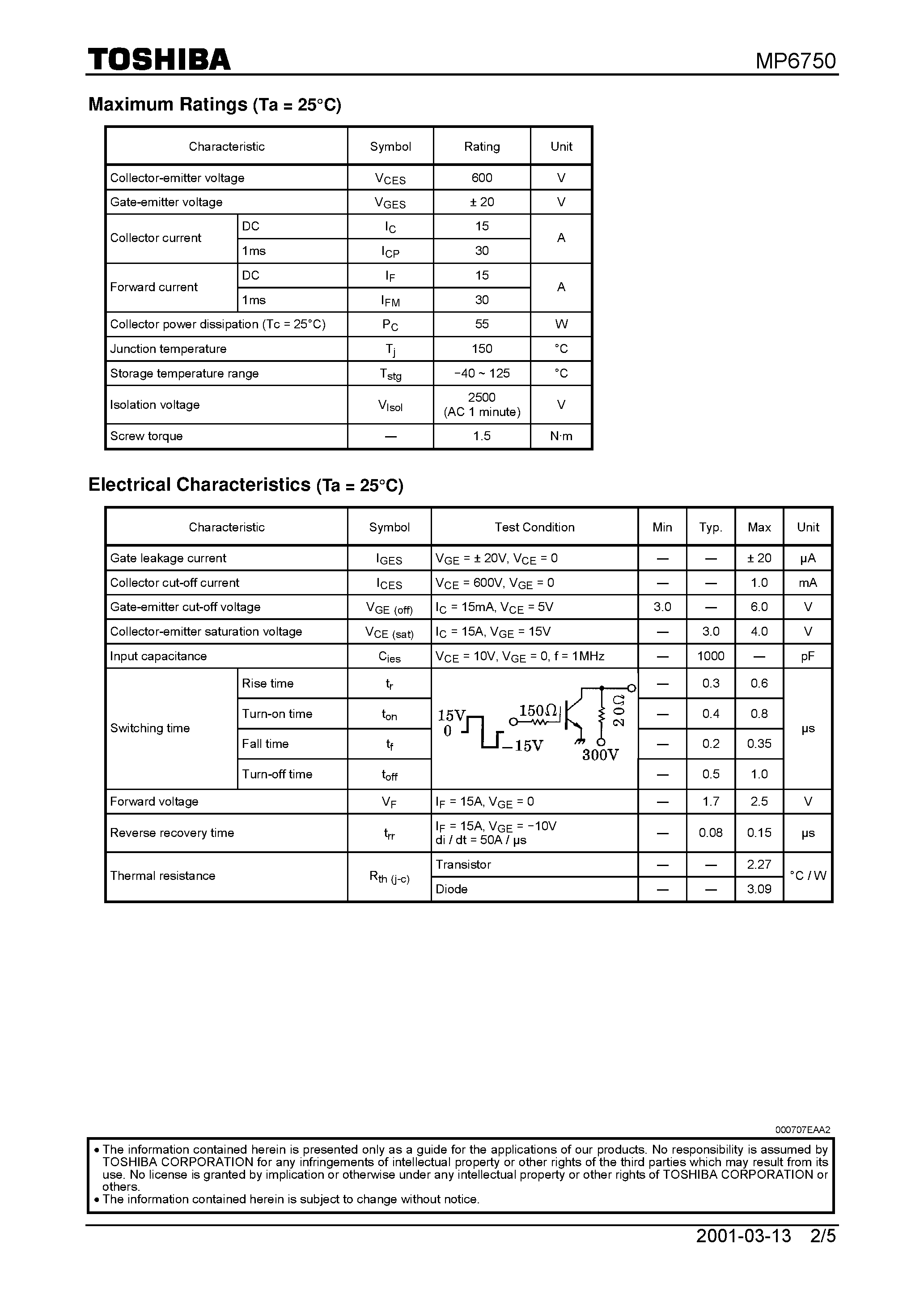 Datasheet MP6750 - N CHANNEL IGBT (HIGH POWER SWITCHING / MOTOR CONTROL APPLICATIONS) page 2