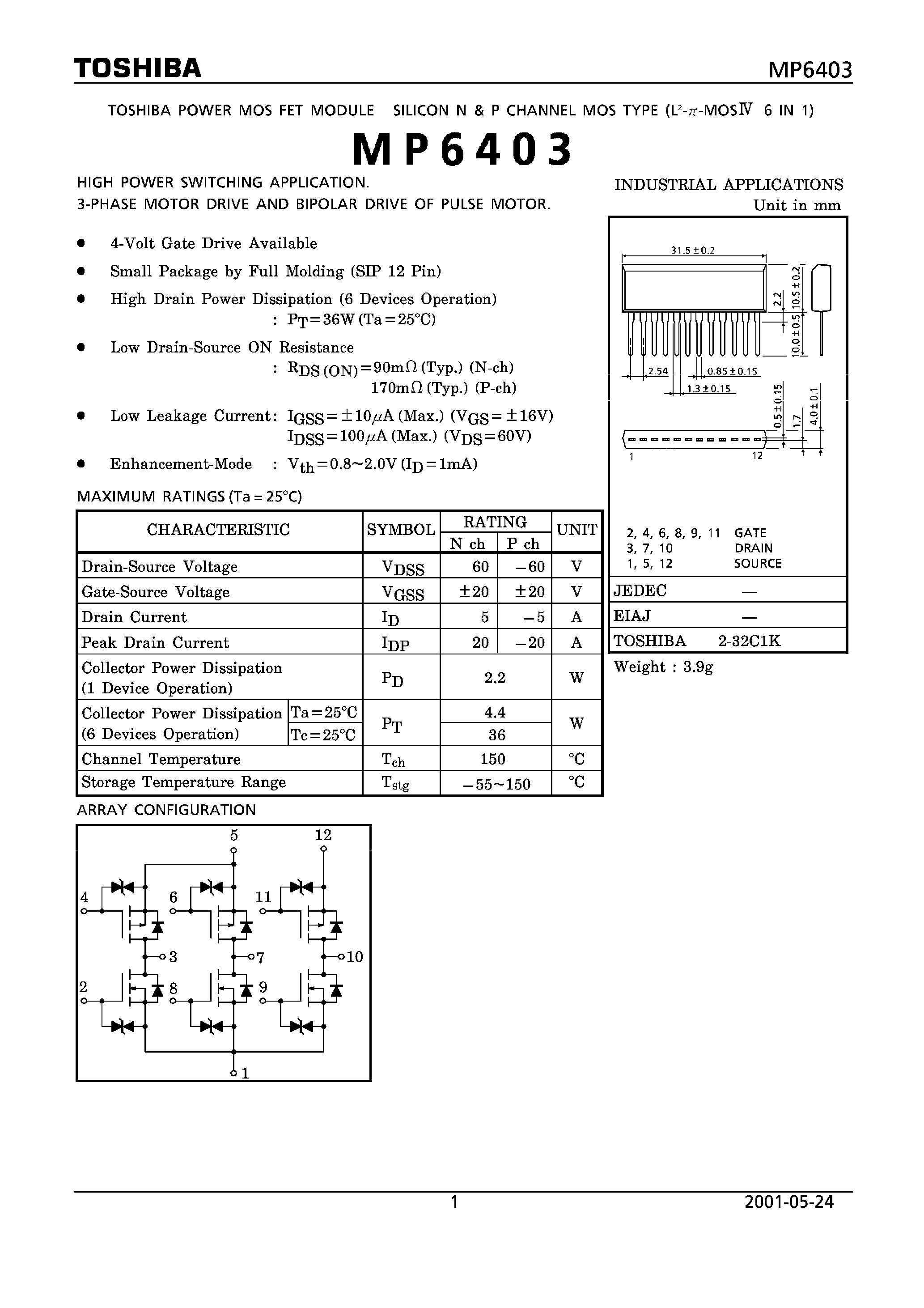 Datasheet MP6403 - HIGH POWER SWITCHING APPLICATION 3 PHASE MOTOR AND BIPOLAR DRIVE OF PULSE MOTOR page 1