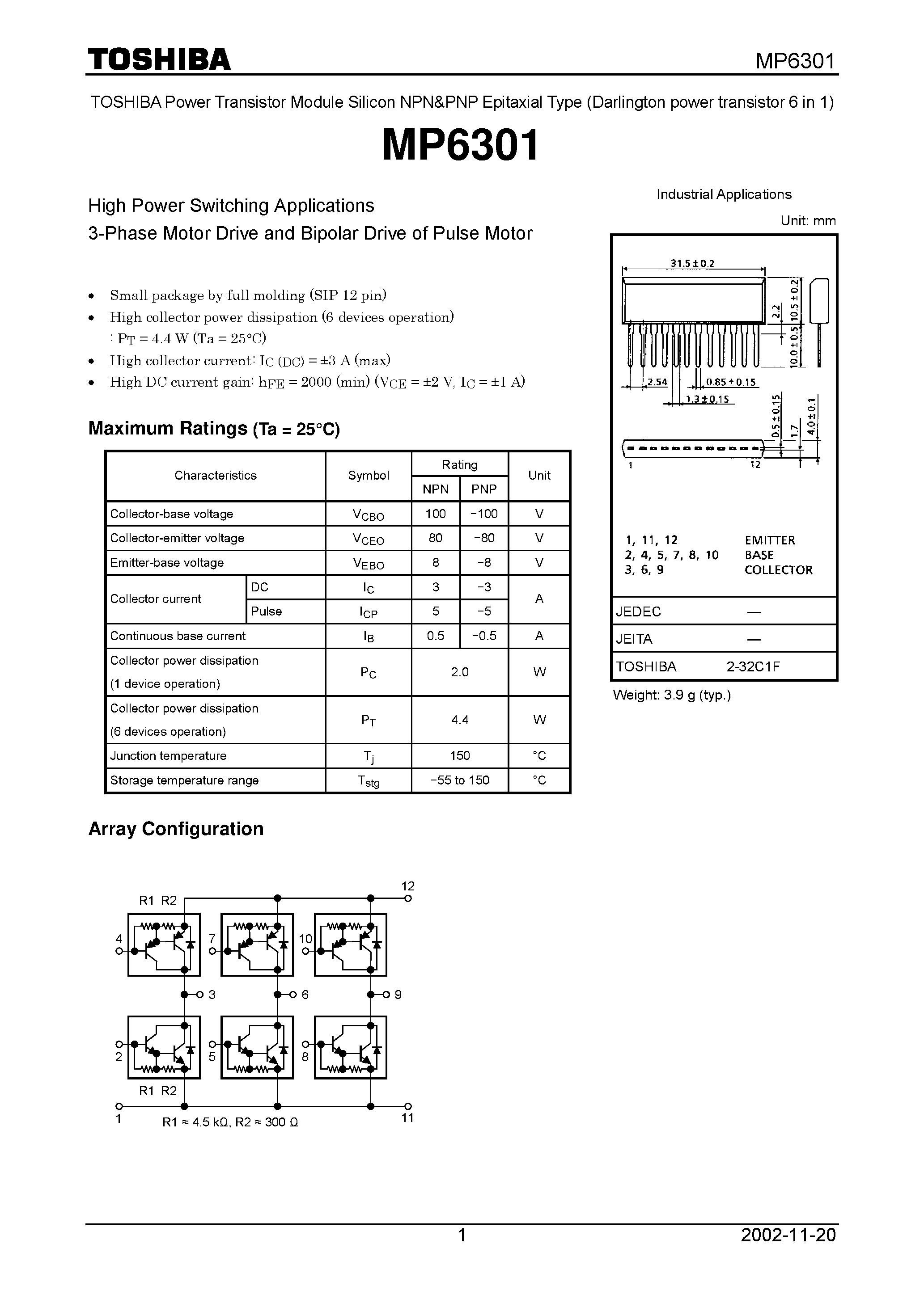 Datasheet MP6301 - High Power Switching Applications 3-Phase Motor Drive and Bipolar Drive of Pulse Motor page 1