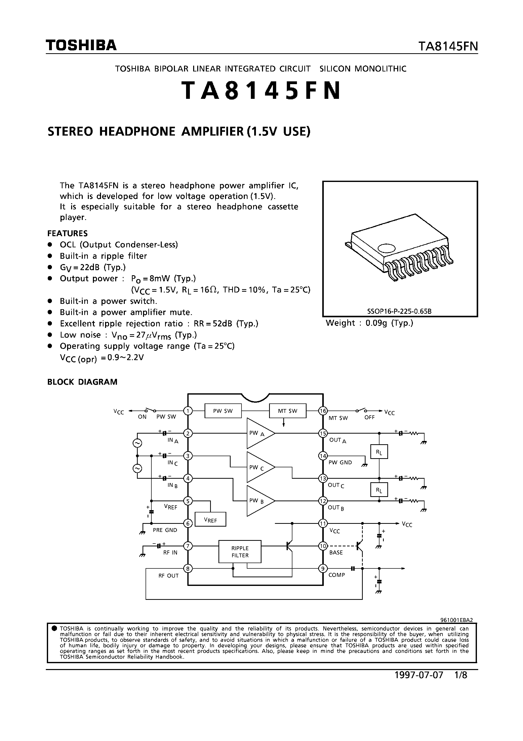 Datasheet TA8145FN - STEREO HEADPHONE AMPLIFIER (1.5V USE) page 1