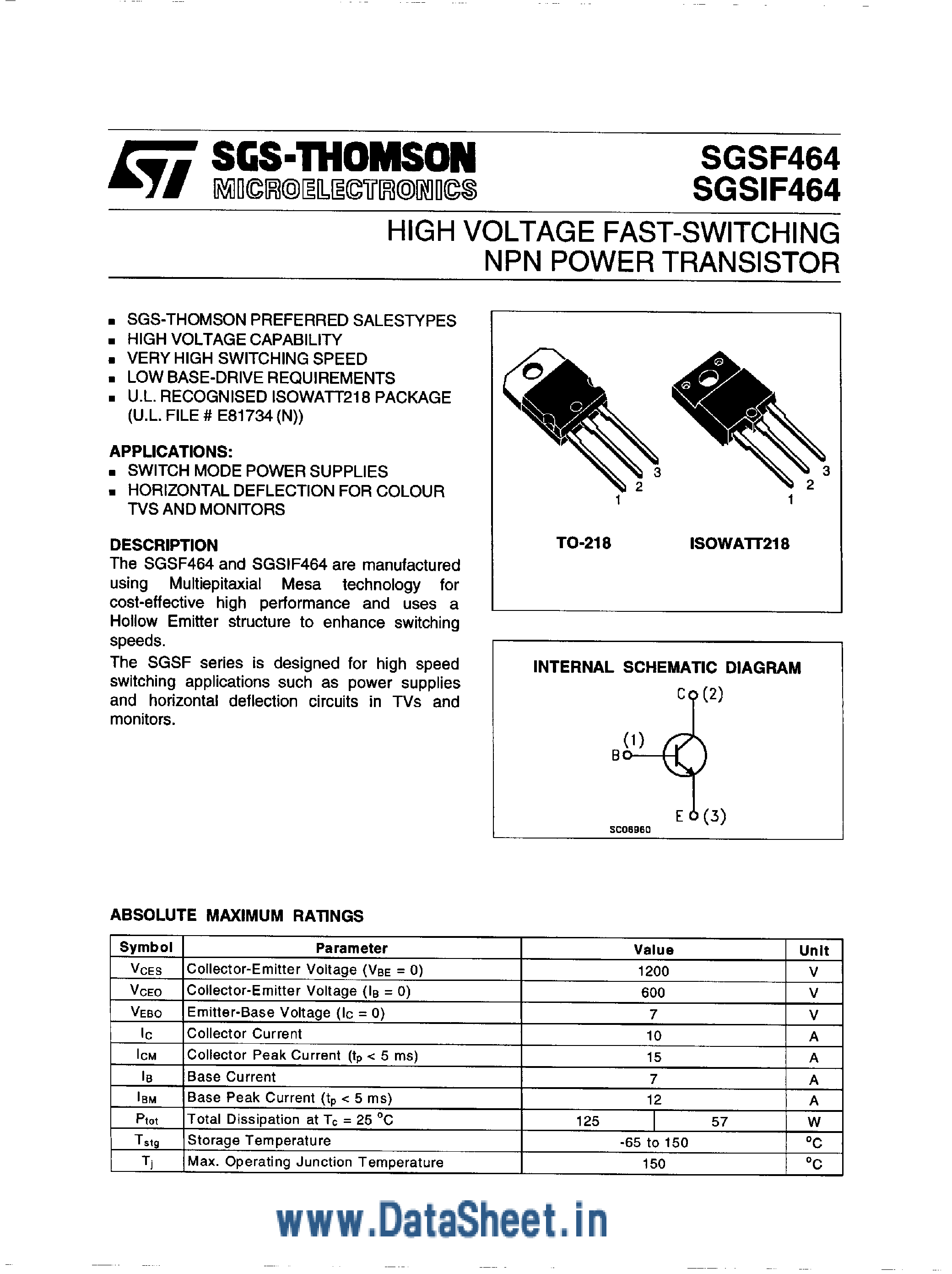 Datasheet SGSF464 - (SGSF464 / SGSIF464) High Voltage Fast Switching NPN Power Transistor page 1