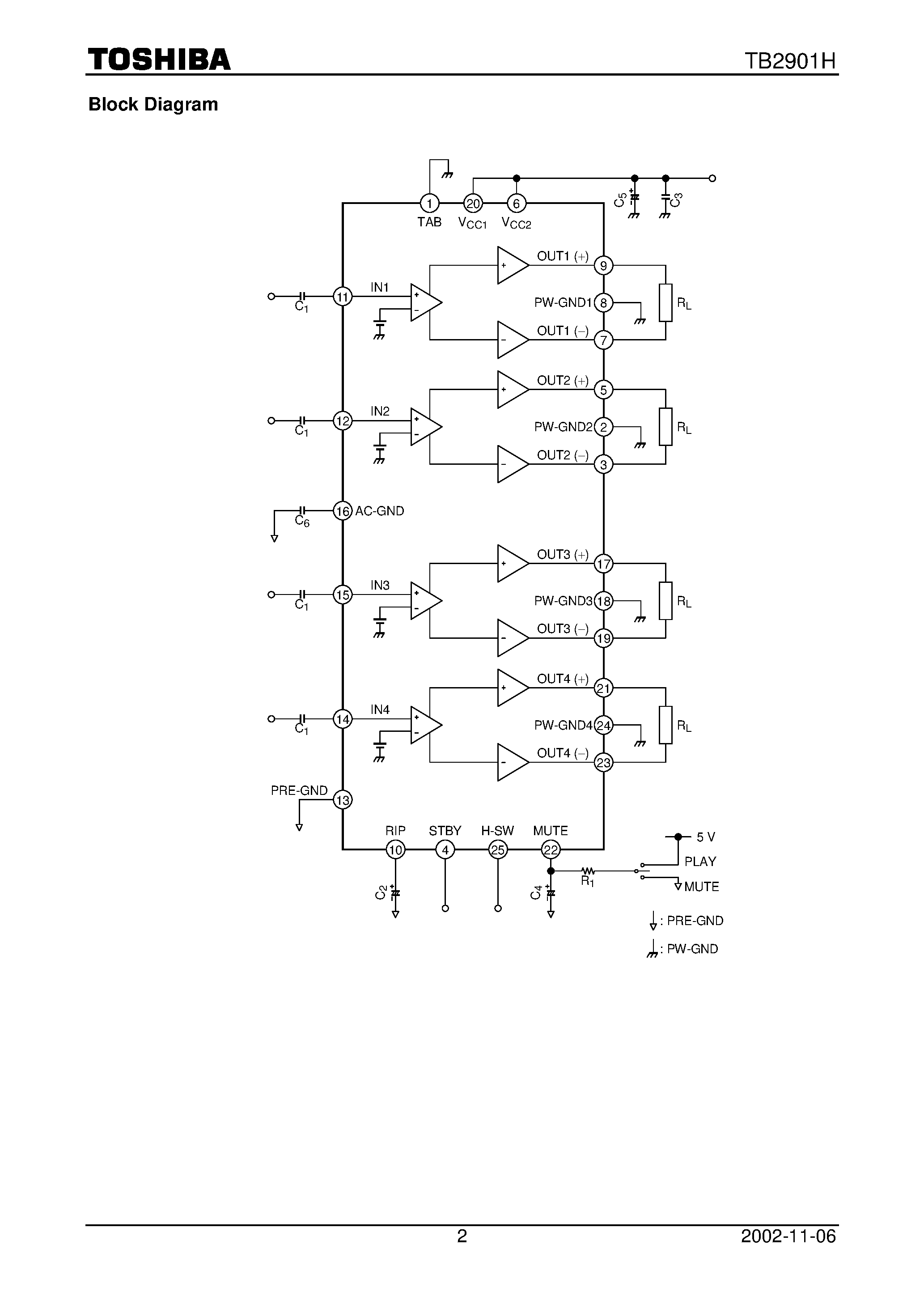 Datasheet TB2901H page 2 Datasheet TB2901H - Maximum Power 47 W BTL x 4-ch Audio Power IC page 2