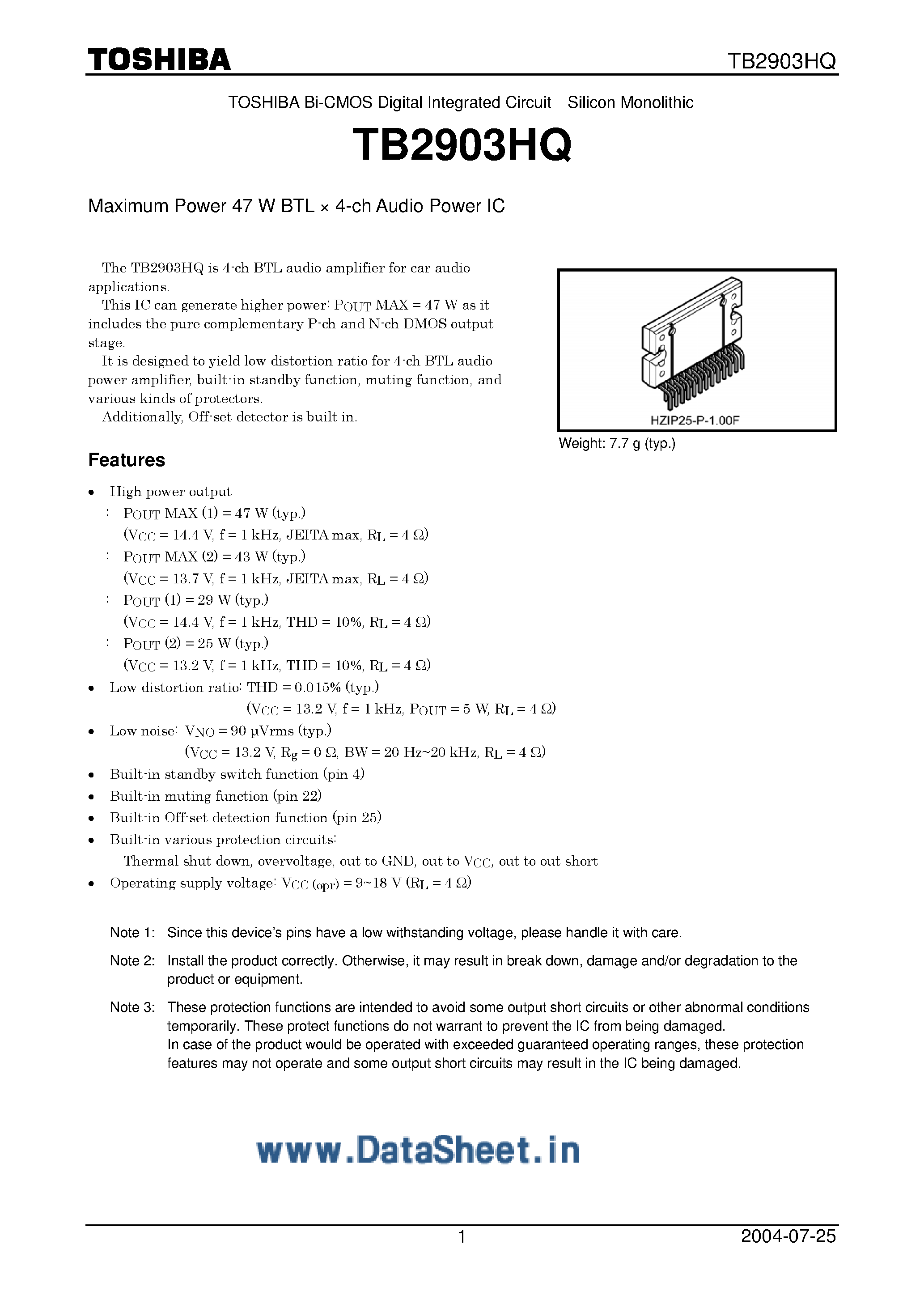 Datasheet TB2903HQ - Maximum Power 47 W BTL x 4-Ch Audio Power IC page 1