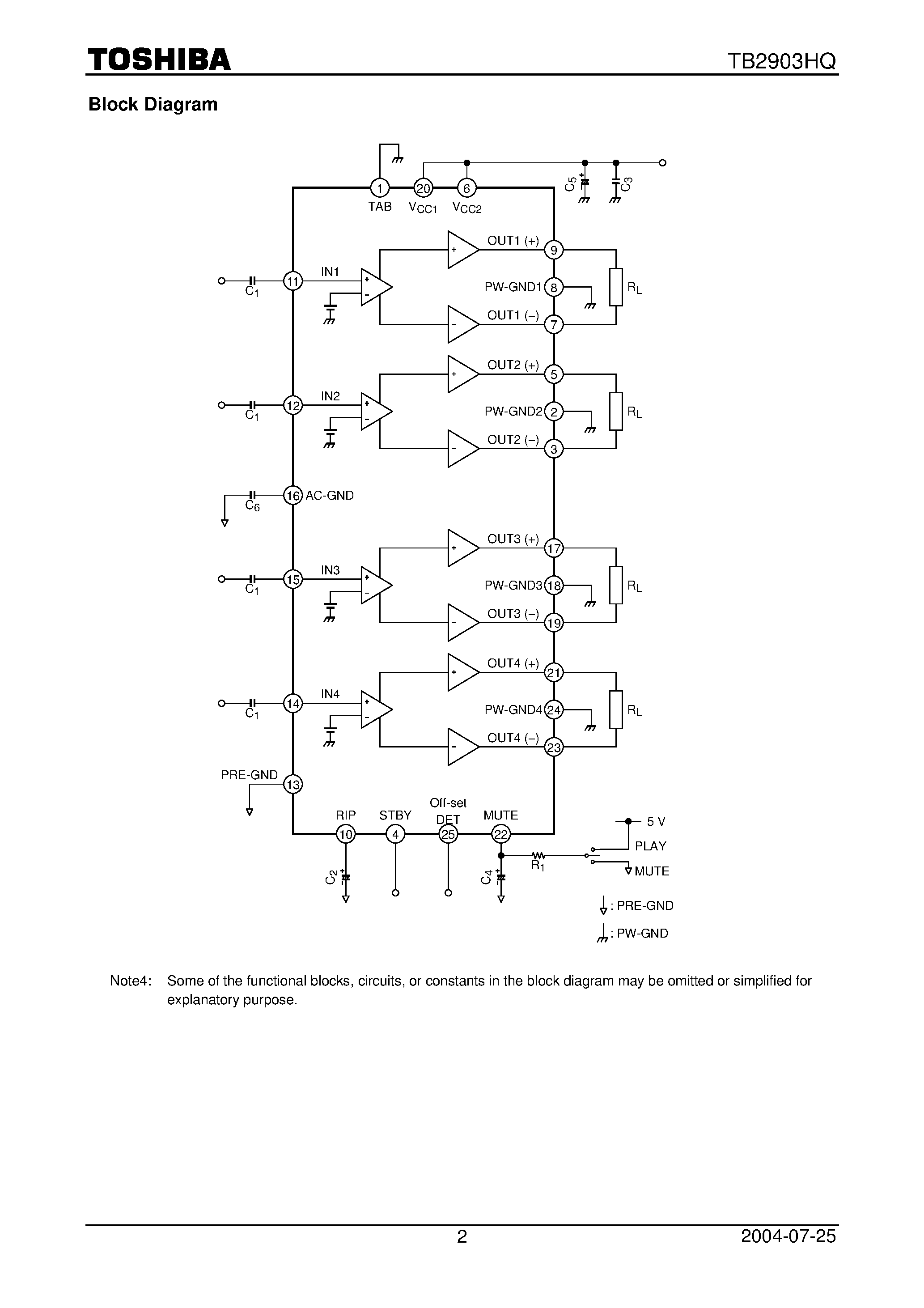 Datasheet TB2903HQ - Maximum Power 47 W BTL x 4-Ch Audio Power IC page 2