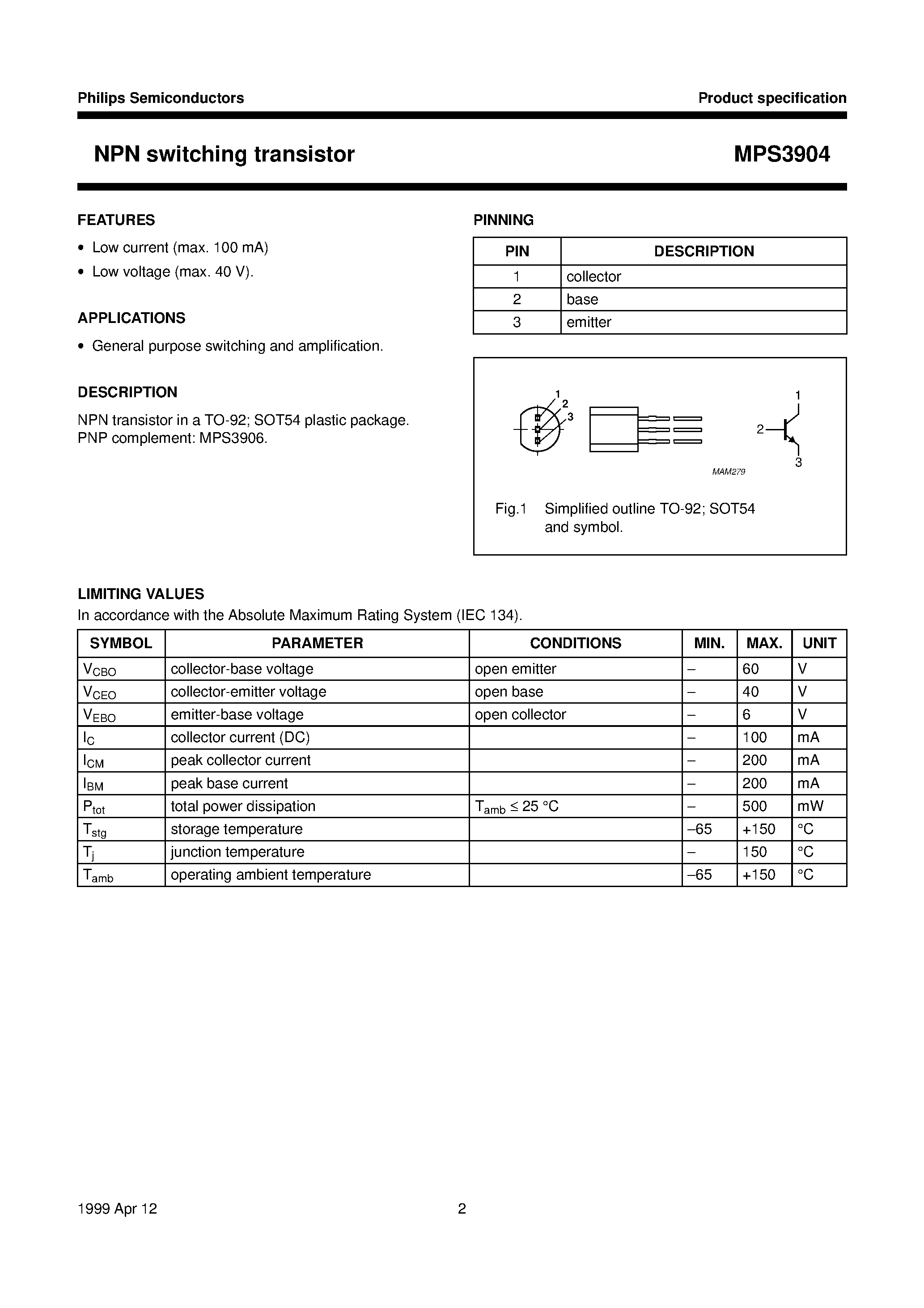Datasheet MPS3904 - NPN switching transistor page 2