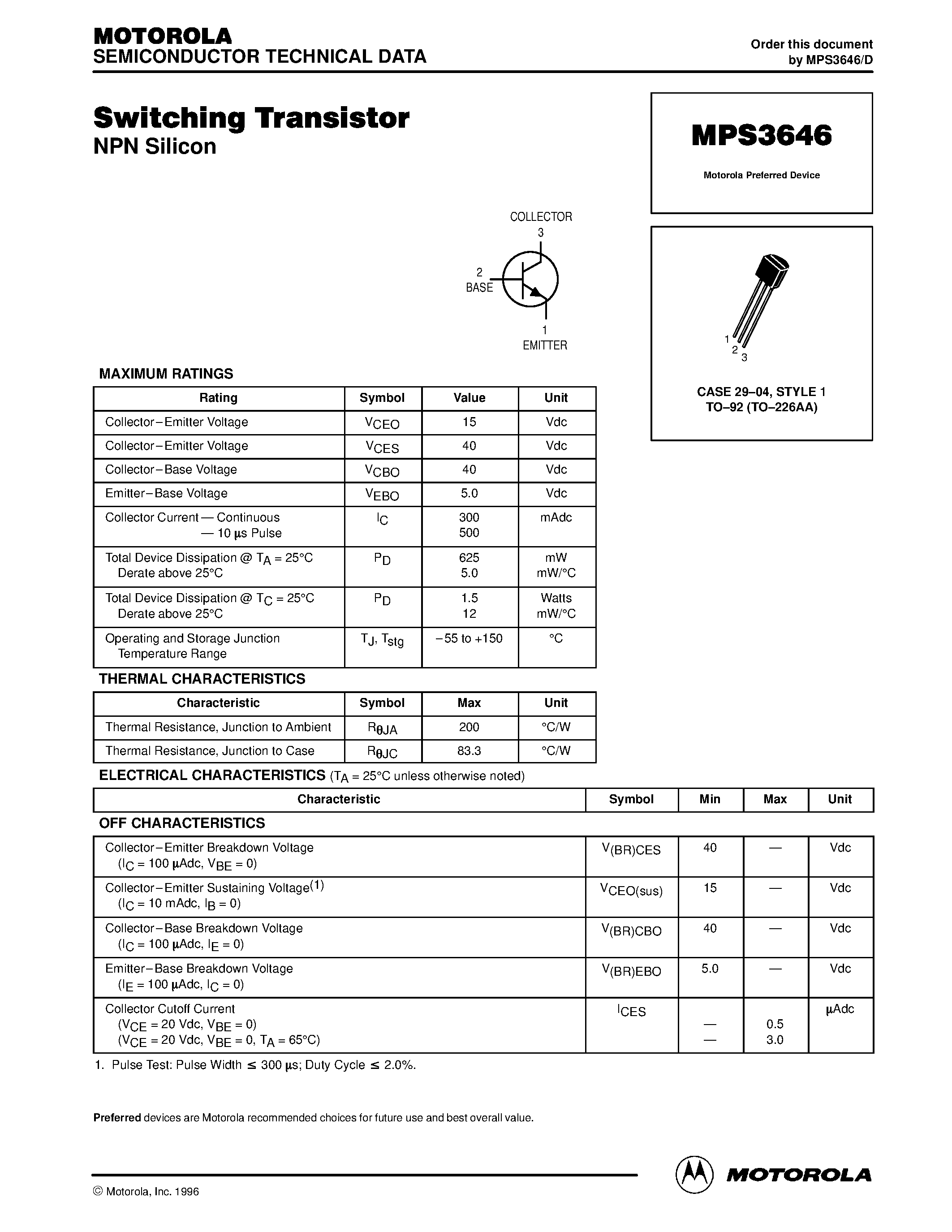 Datasheet MPS3646 - Switching Trasnistor(NPN Silicon) page 1