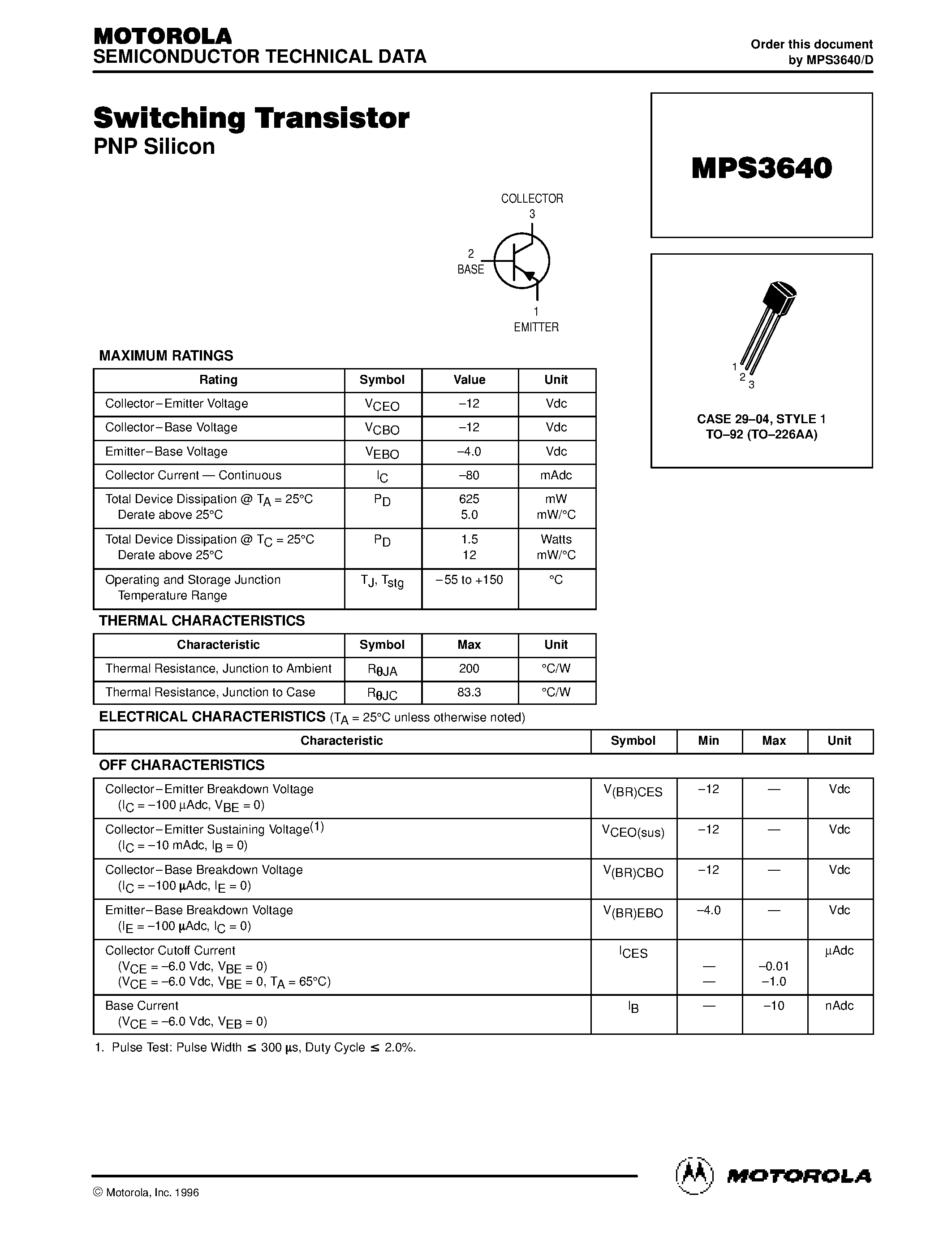 Datasheet MPS3640 page 1 Datasheet MPS3640 - Switching Transistor page 1