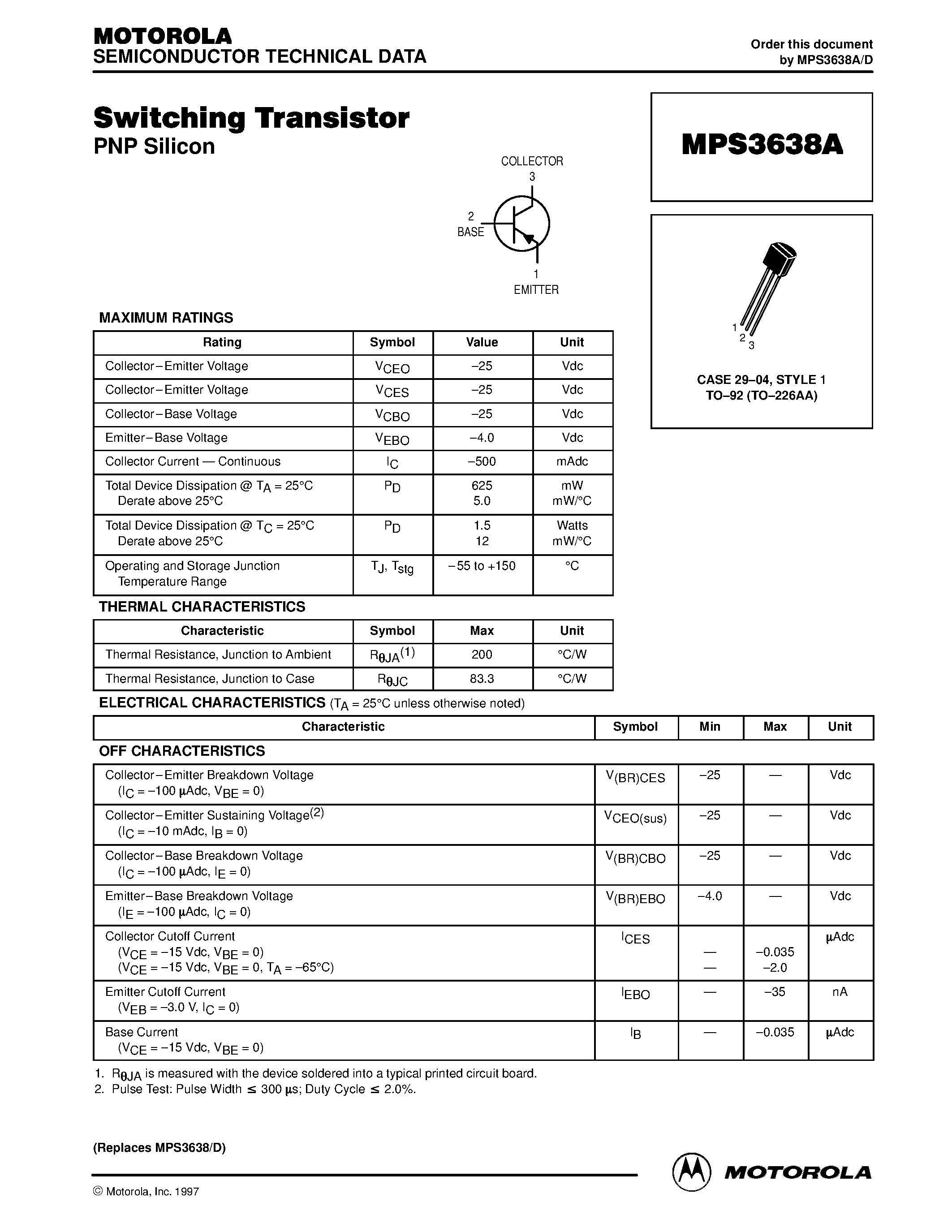 Datasheet MPS3638A page 1 Datasheet MPS3638A - Switching Transistor page 1