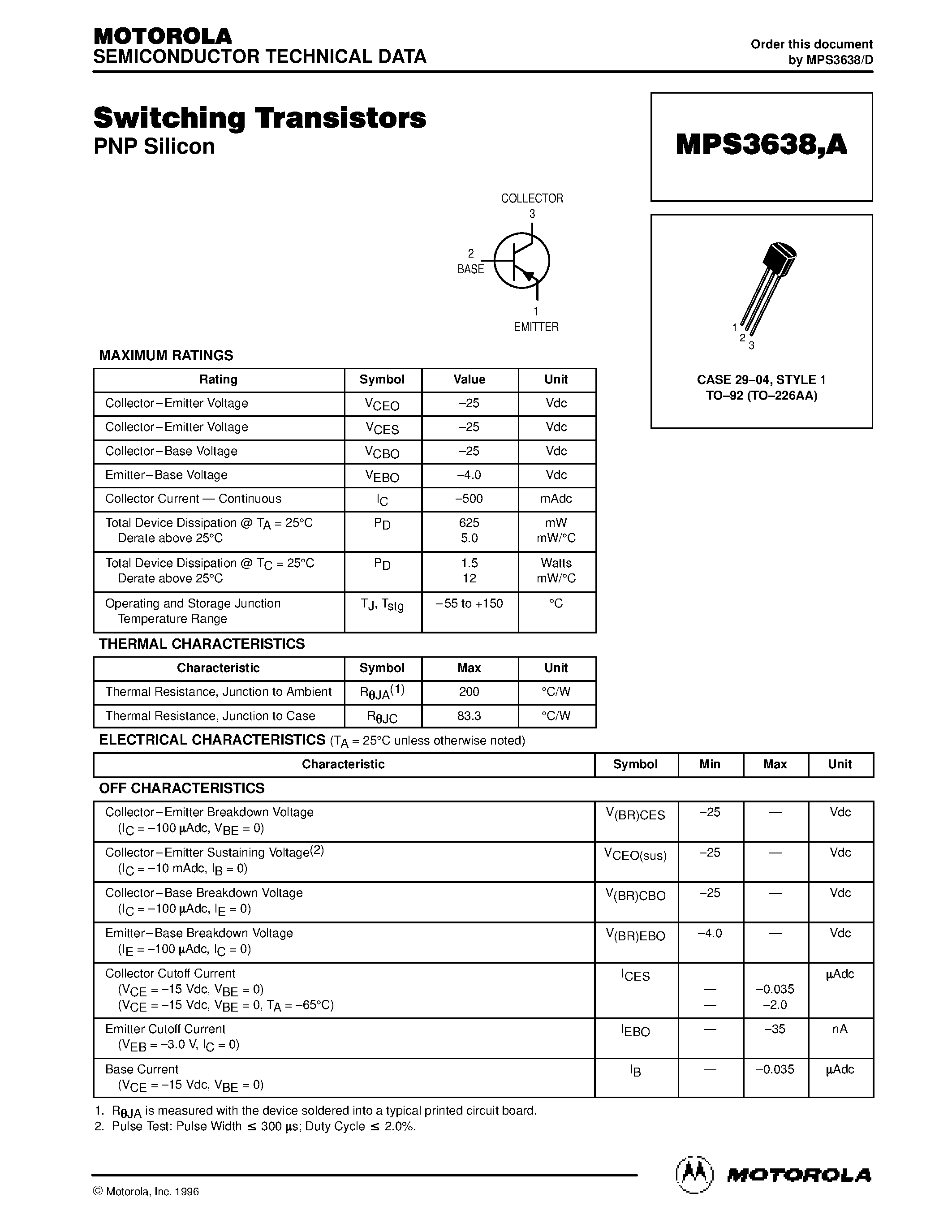 Datasheet MPS3638 page 1 Datasheet MPS3638 - Switching Transistors page 1