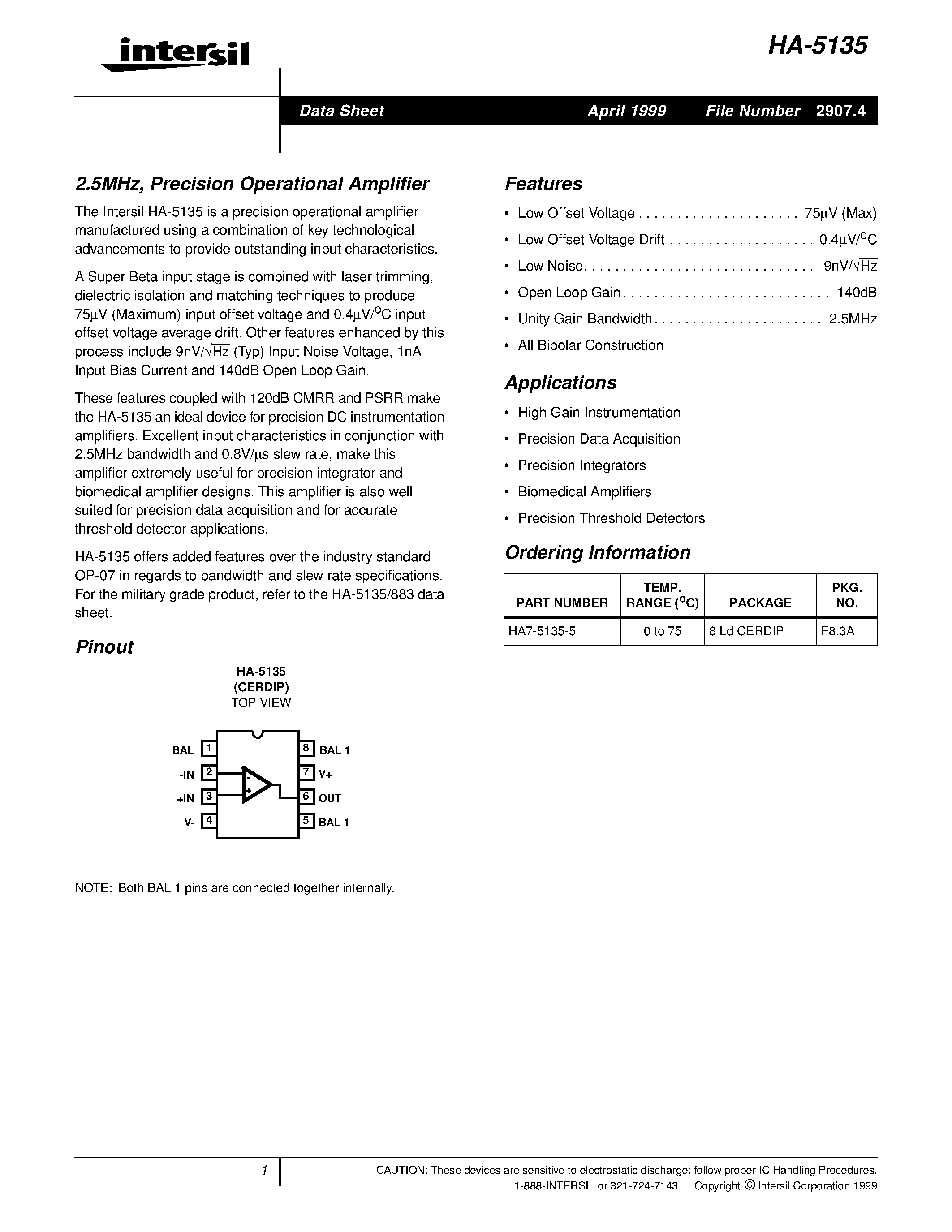 Даташит на микросхему HA5135 страница 1 Даташит HA5135 - 2.5MHz / Precision Operational Amplifier страница 1