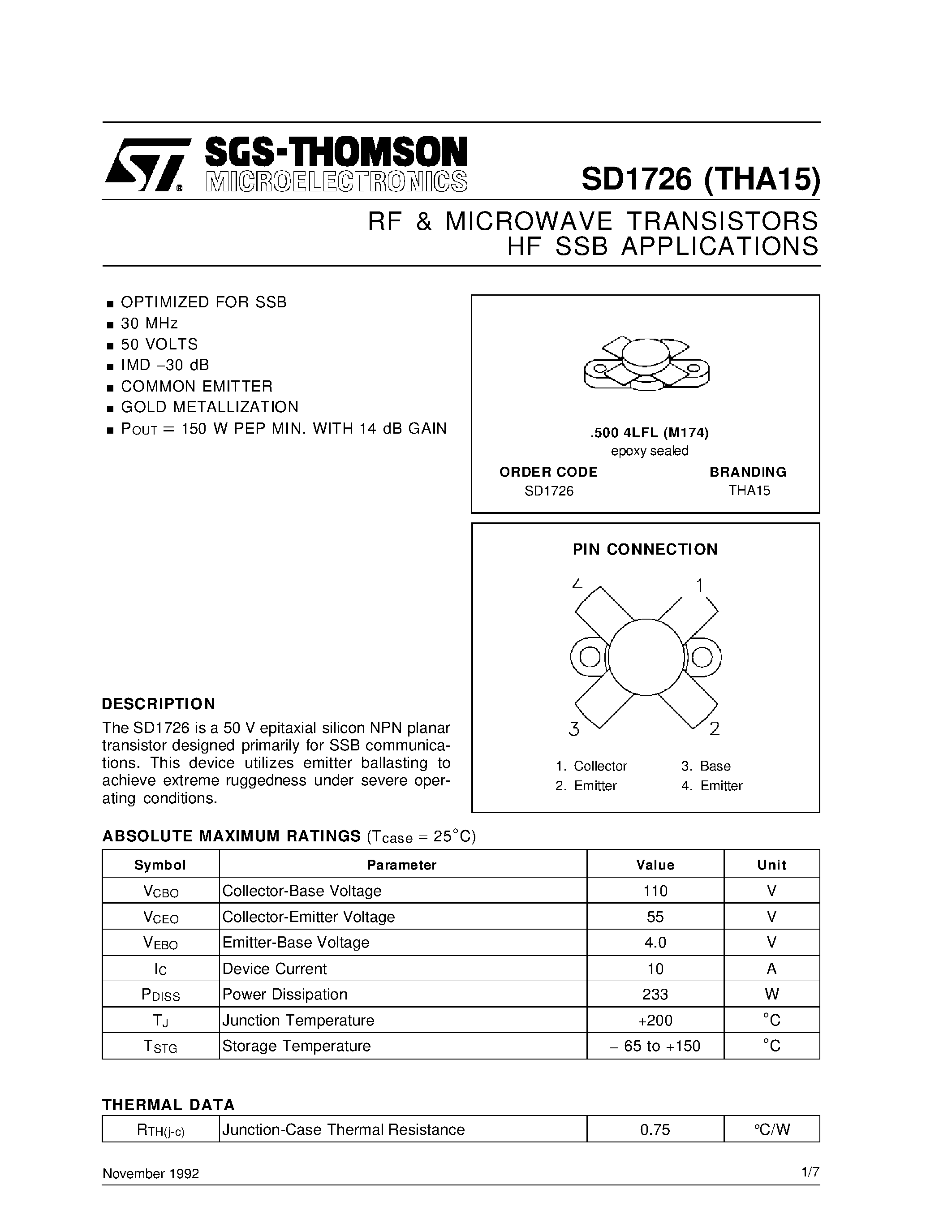 Datasheet SD1726 - RF & MICROWAVE TRANSISTORS HF SSB APPLICATIONS page 1