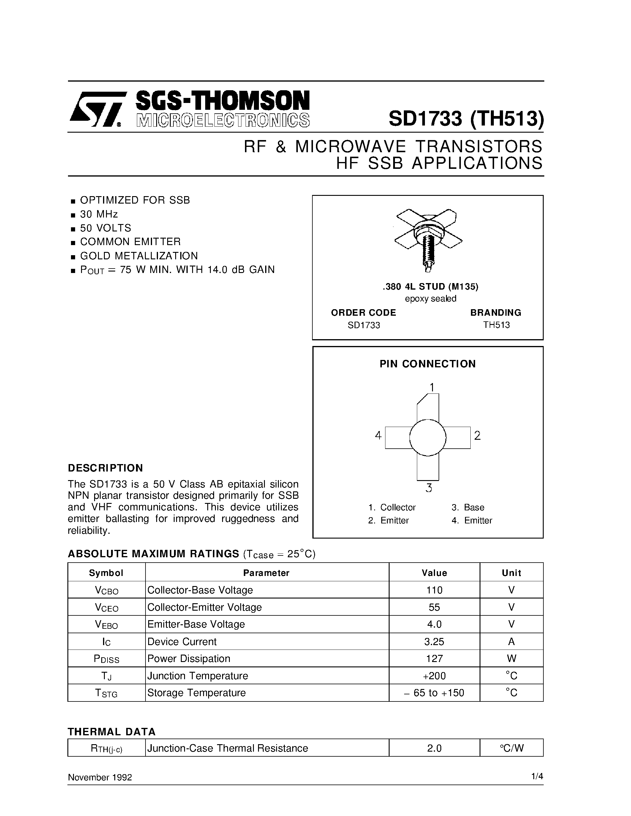 Datasheet SD1733 - RF & MICROWAVE TRANSISTORS HF SSB APPLICATIONS page 1