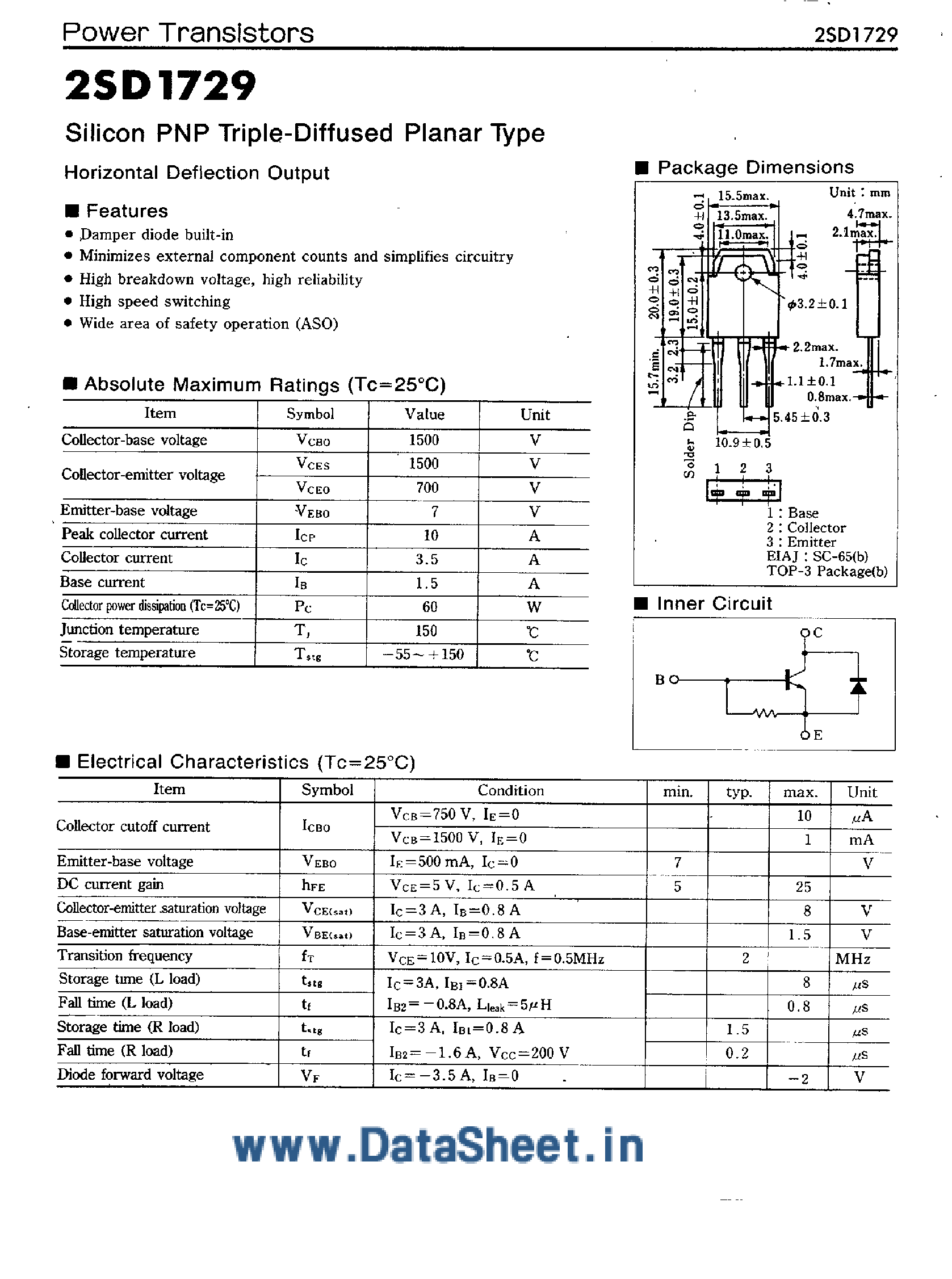 Datasheet 2SD1729 page 1 Datasheet 2SD1729 - SILICON PNP TRIPLE DIFFUSED PLANAR TYPE HORIZONTAL DEFLECTION OUTPUT page 1