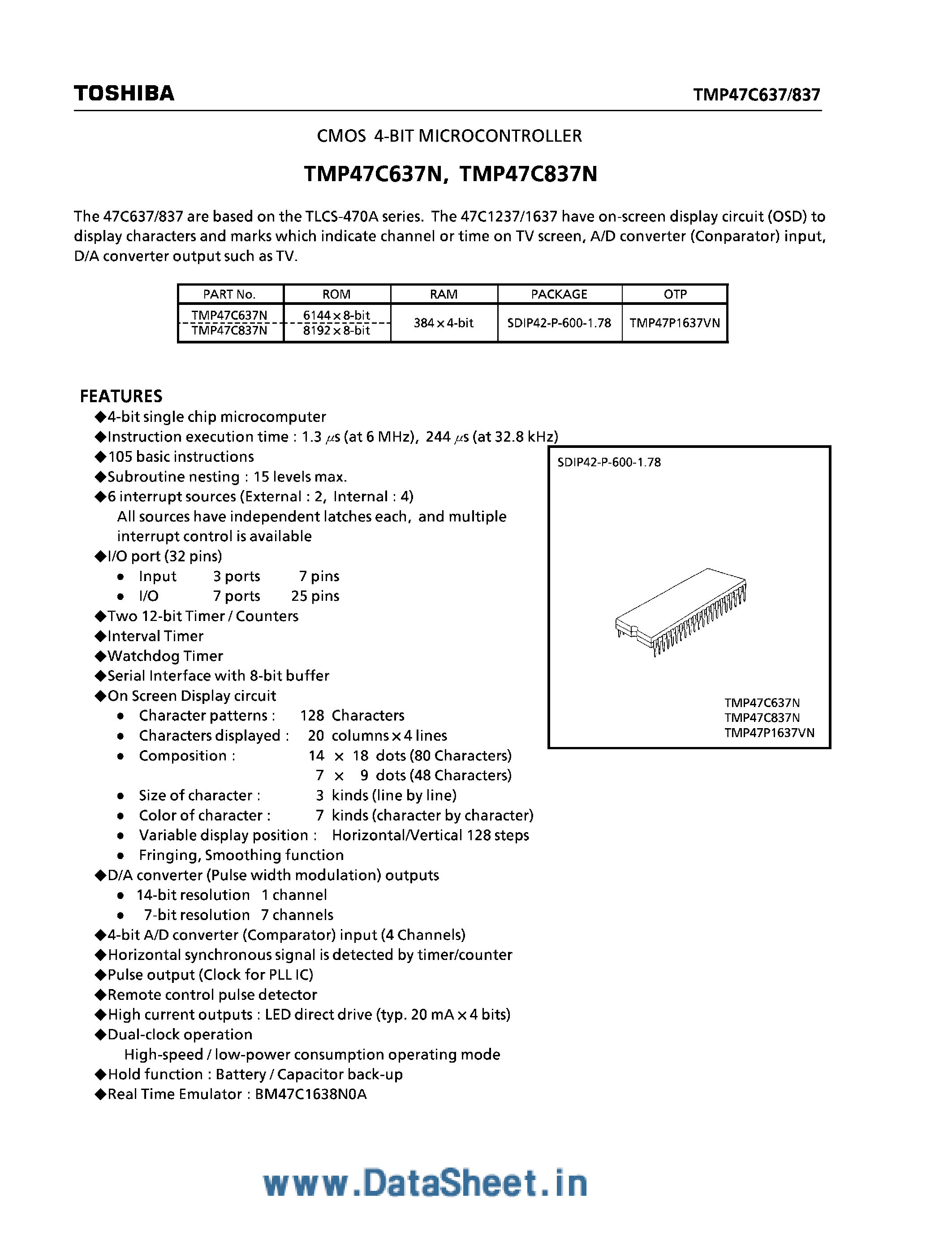 Datasheet TMP47C637N page 1 Datasheet TMP47C637N - (TMP47C637N / TMP47C837N) CMOS 4-Bit Microcontroller page 1