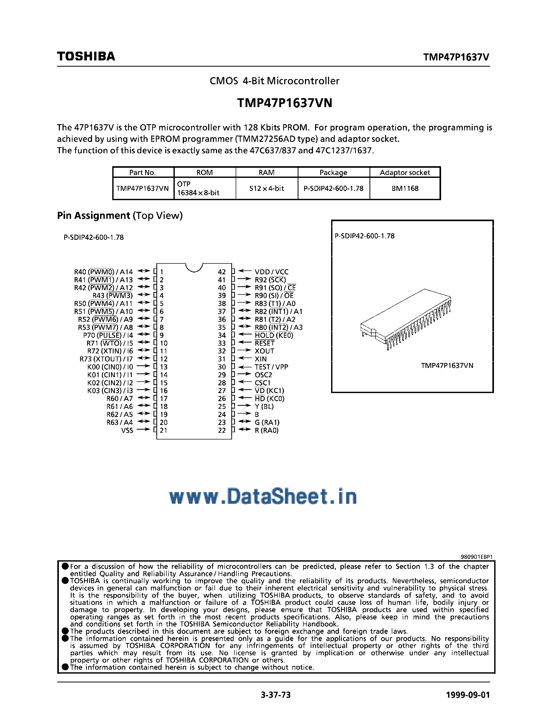 Даташит TMP47P1637VN - CMOS 4-Bit Microcontroller страница 1