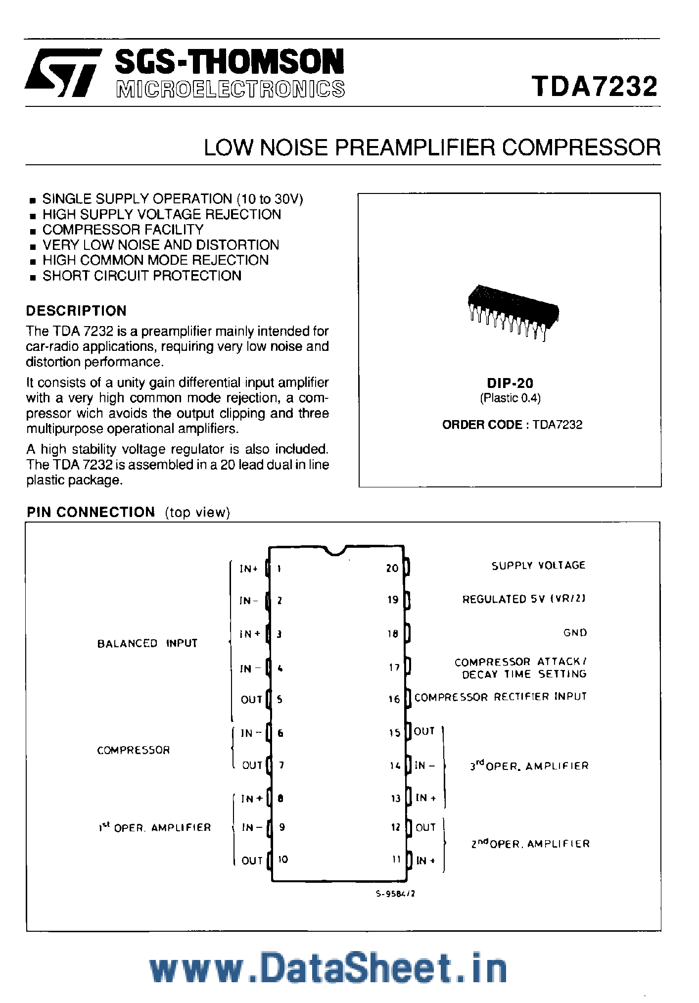 Даташит TDA7232 - Low Noise Preamplifier Compressor страница 1