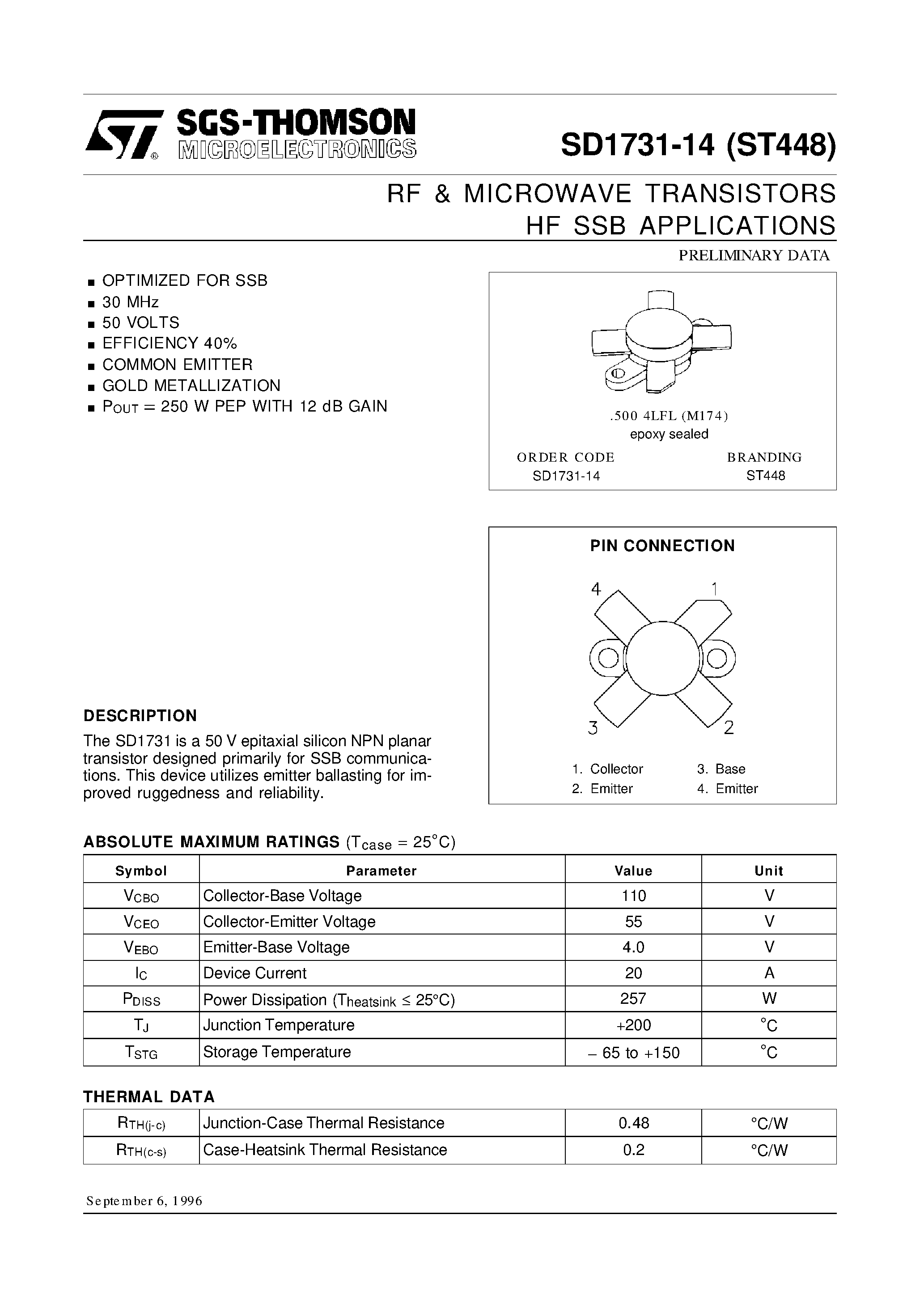 Datasheet SD1731-14 page 1 Datasheet SD1731-14 - RF & MICROWAVE TRANSISTORS HF SSB APPLICATIONS page 1