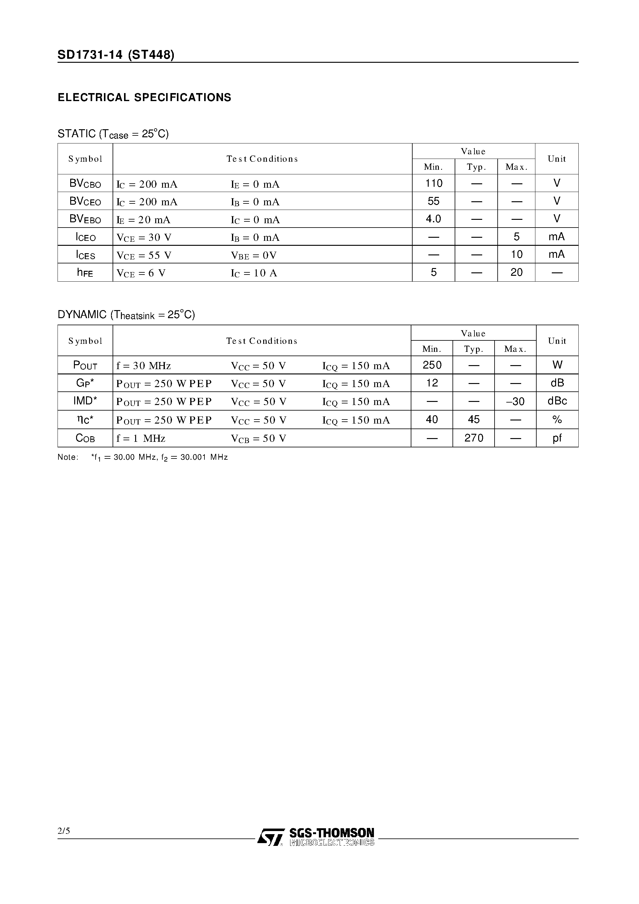 Datasheet SD1731-14 page 2 Datasheet SD1731-14 - RF & MICROWAVE TRANSISTORS HF SSB APPLICATIONS page 2