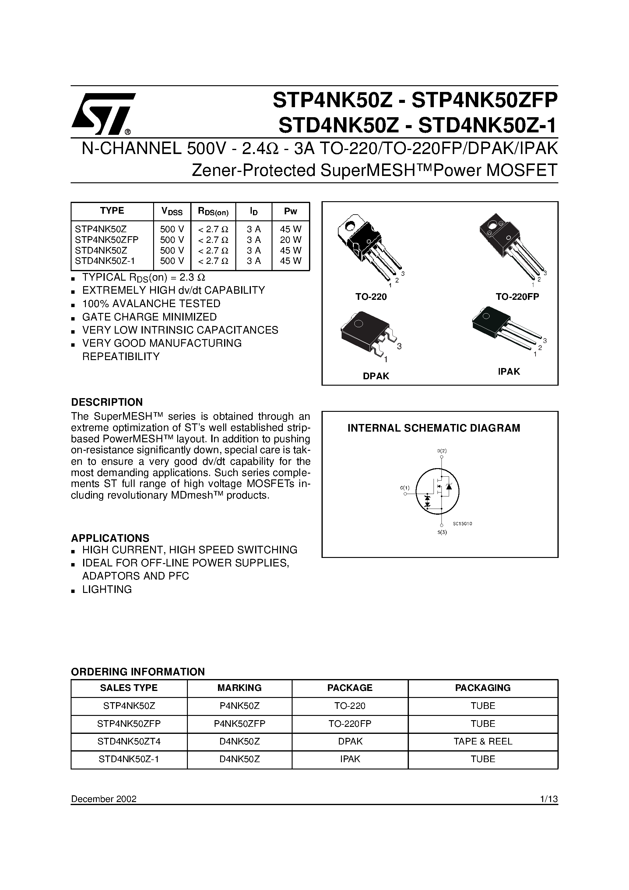 Datasheet STP4NK50Z page 1 Datasheet STP4NK50Z - N-Channle MOSFET page 1
