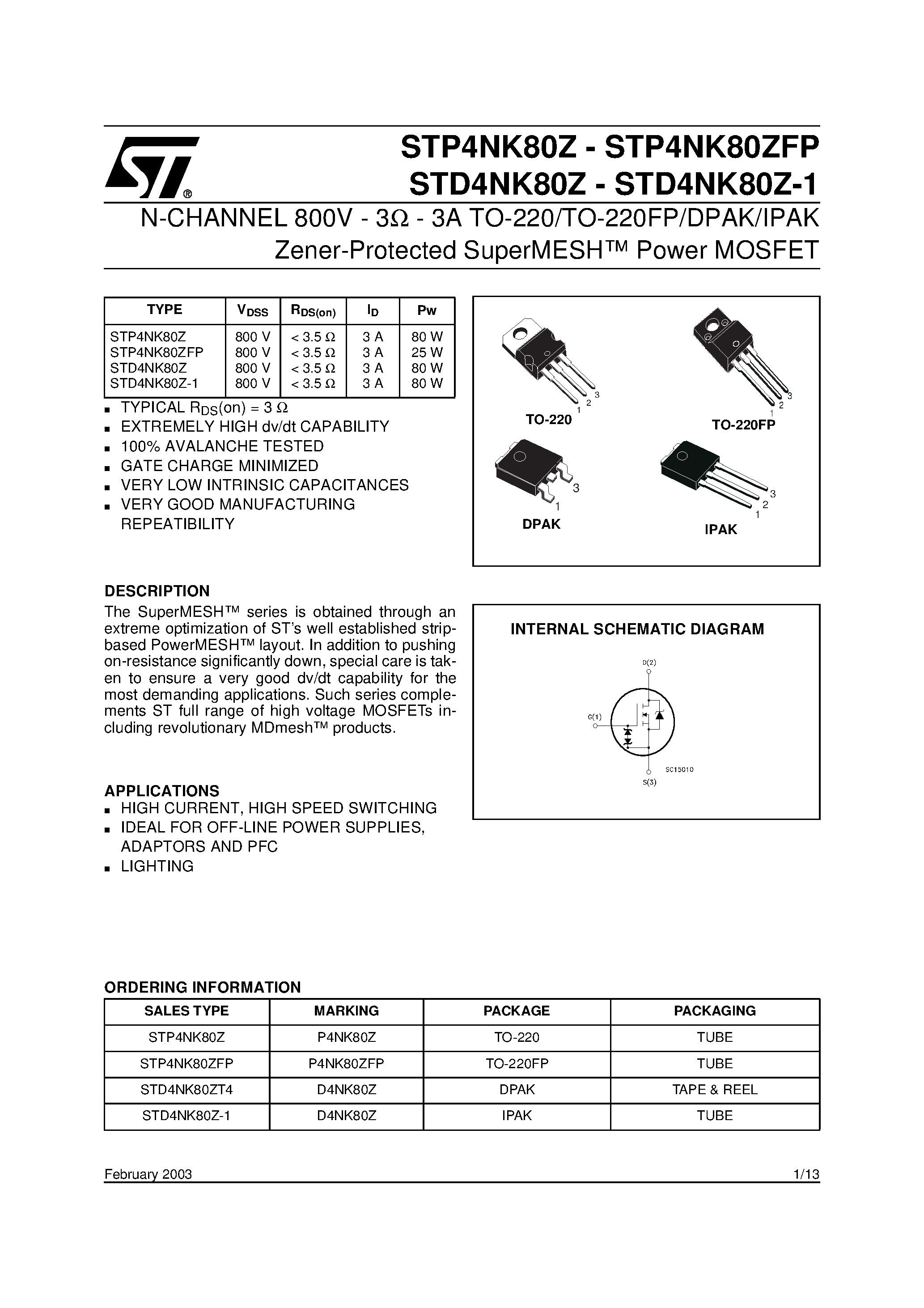 Datasheet STD4NK80Z page 1 Datasheet STD4NK80Z - N-Channle MOSFET page 1