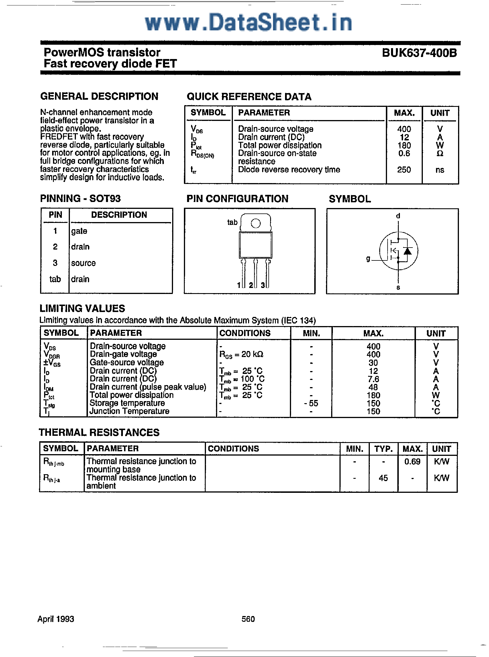 Datasheet BUK637-400B page 1 Datasheet BUK637-400B - Power MOS Transistor / Fast Recovery Diode FET page 1