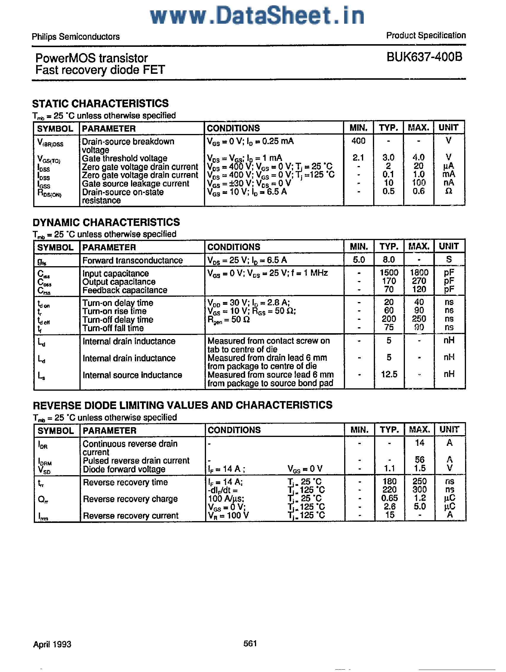Datasheet BUK637-400B page 2 Datasheet BUK637-400B - Power MOS Transistor / Fast Recovery Diode FET page 2
