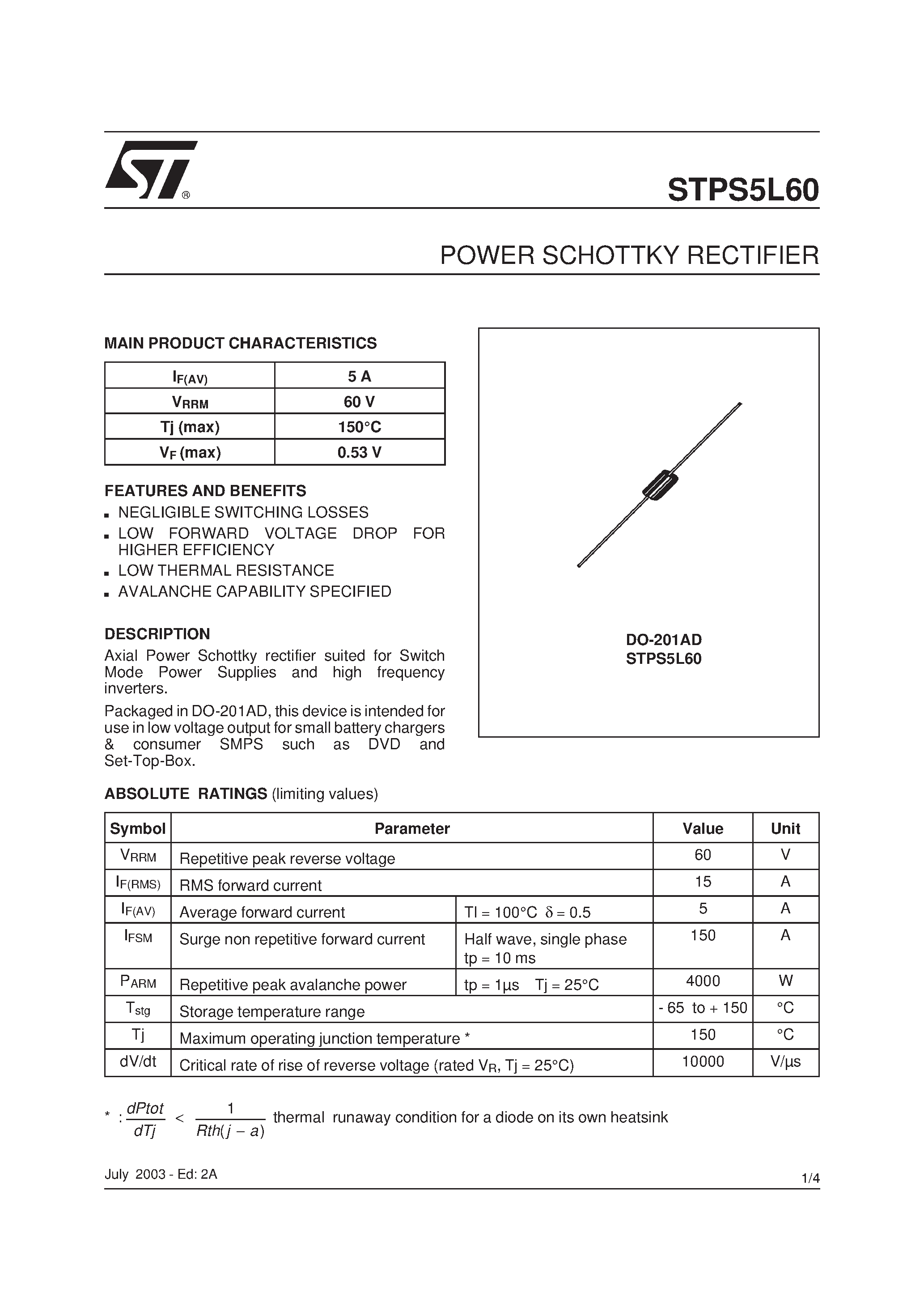 Datasheet STPS5L60 - POWER SCHOTTKY RECTIFIER page 1