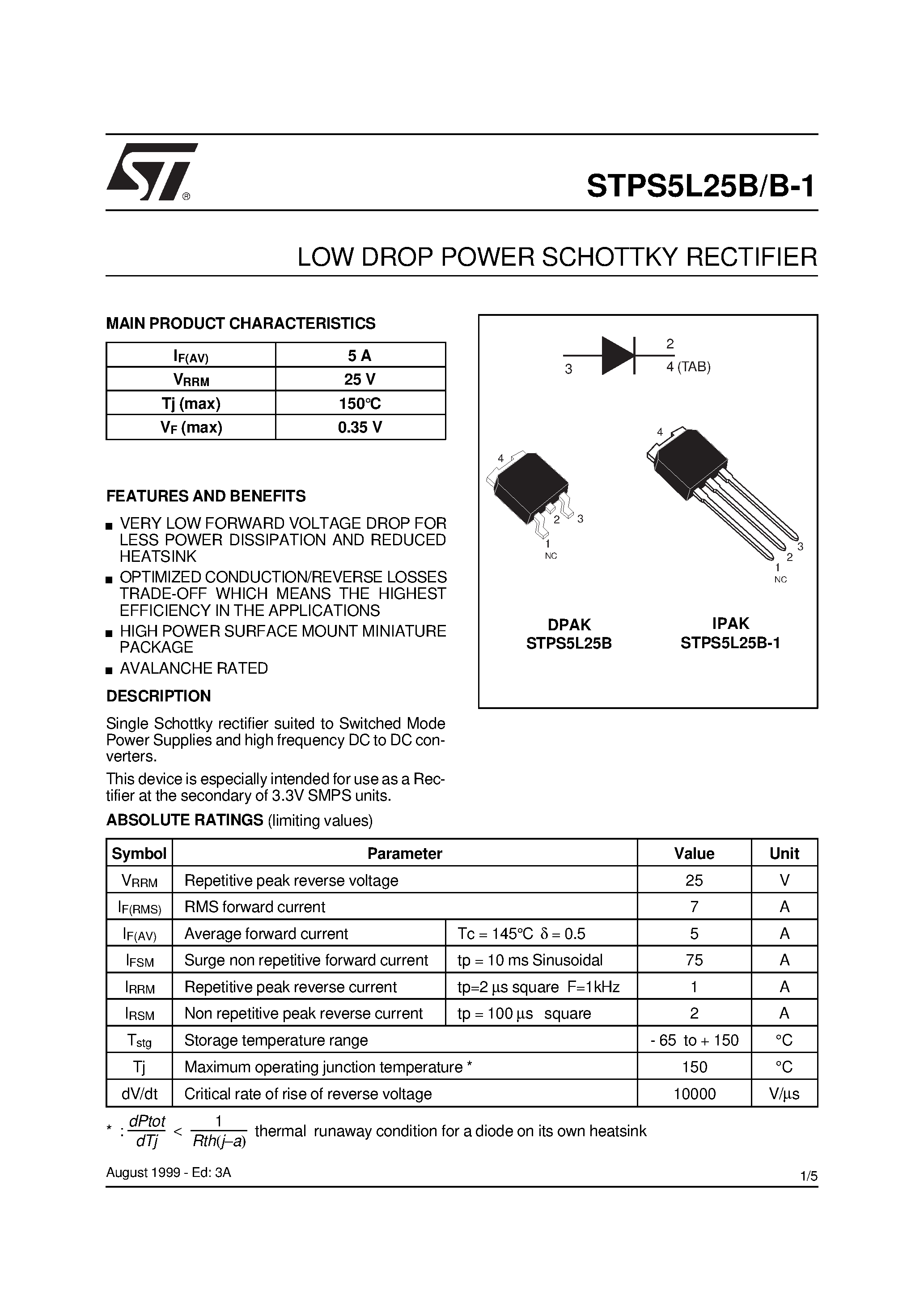 Datasheet STPS5L25B - LOW DROP POWER SCHOTTKY RECTIFIER page 1