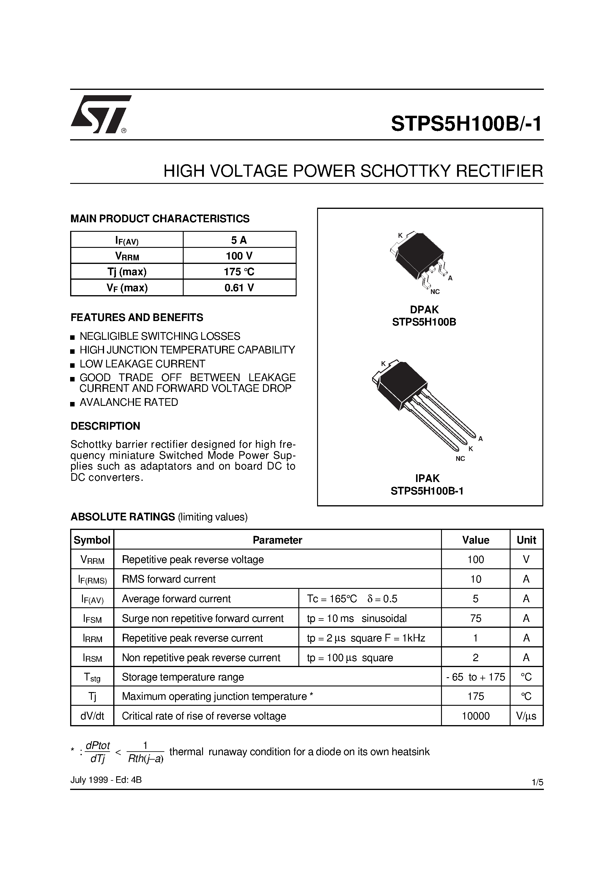 Datasheet STPS5H100B - HIGH VOLTAGE POWER SCHOTTKY RECTIFIER page 1