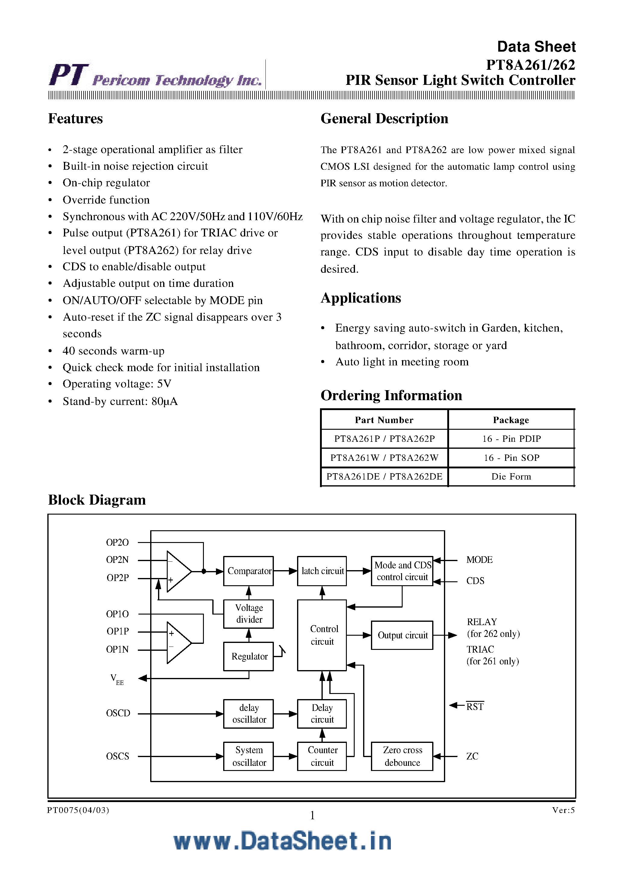 Datasheet PT8A261 - (PT8A261 / PT8A262) PIR Sensor Light Switch Controller page 1