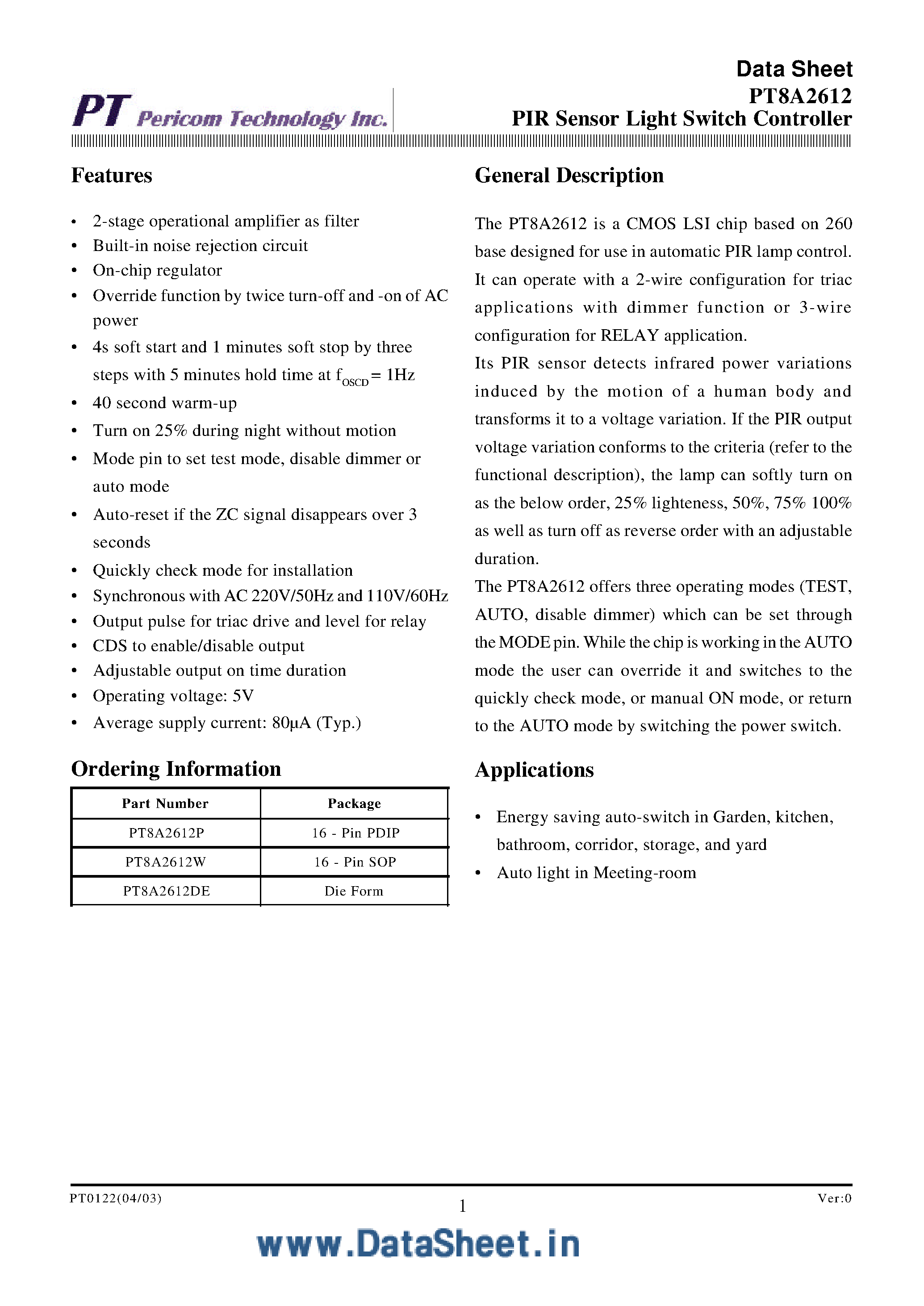 Datasheet PT8A2612 page 1 Datasheet PT8A2612 - PIR Sensor Light Switch Controller page 1