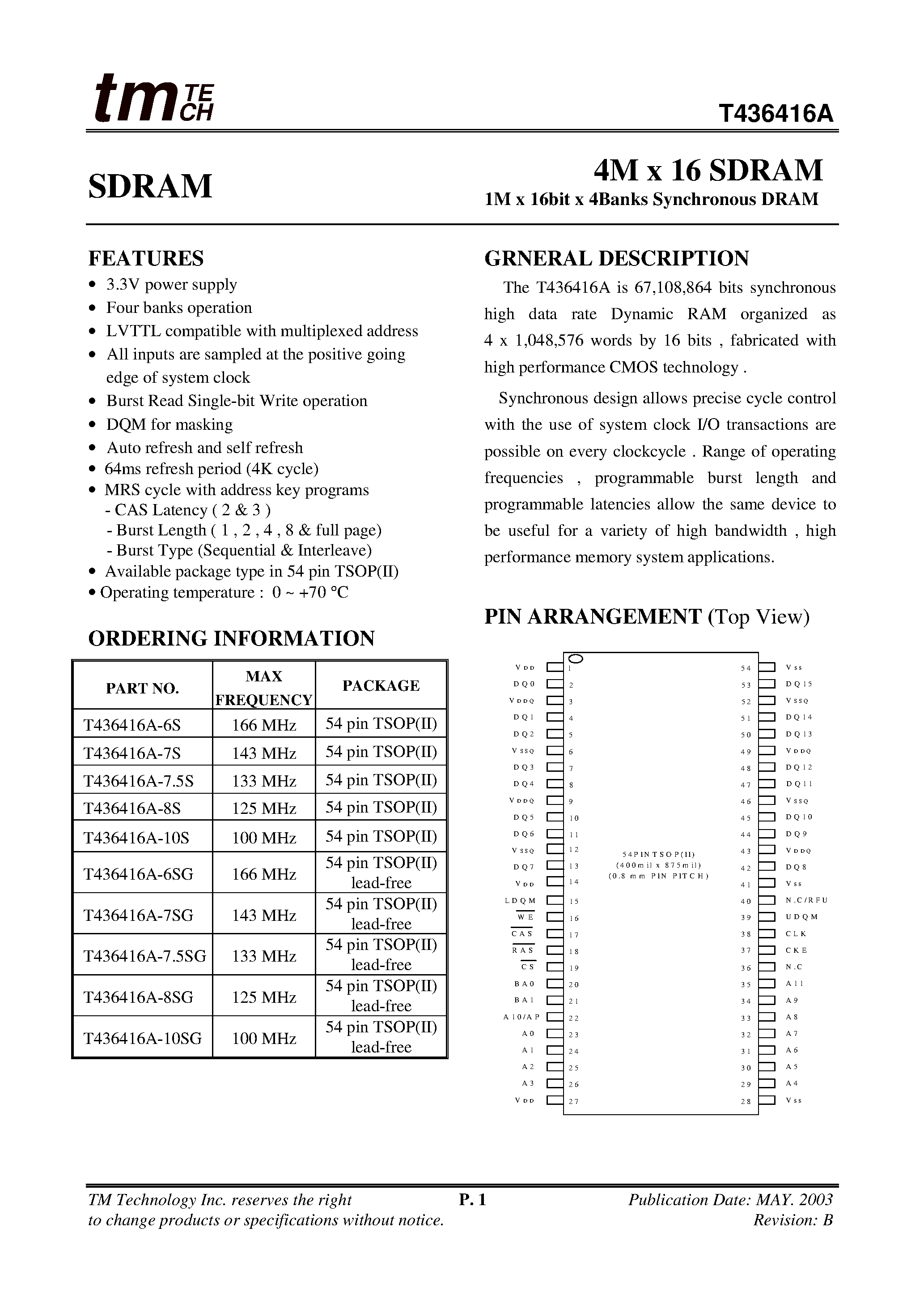 Даташит T436416A - 4M X 16 SDRAM страница 1