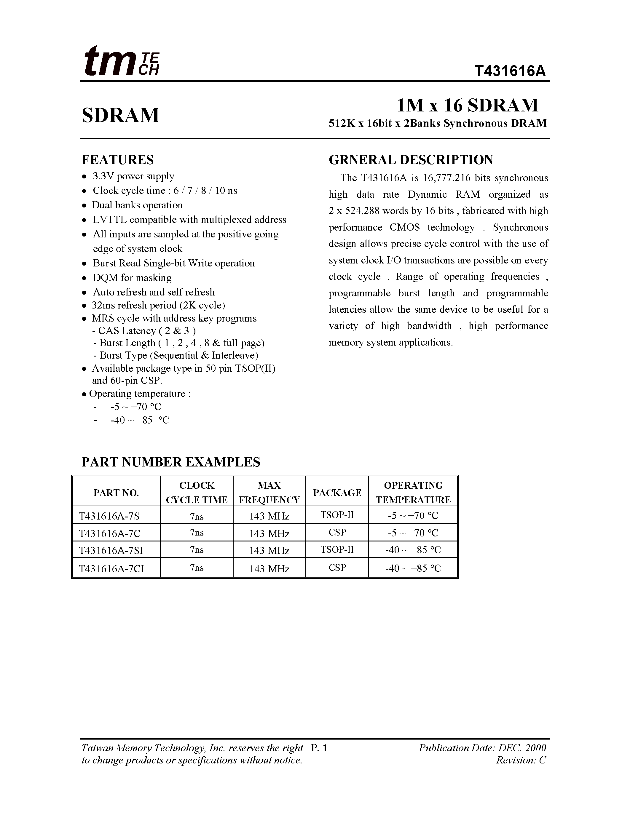 Даташит T431616A - 1M x 16 SDRAM страница 1