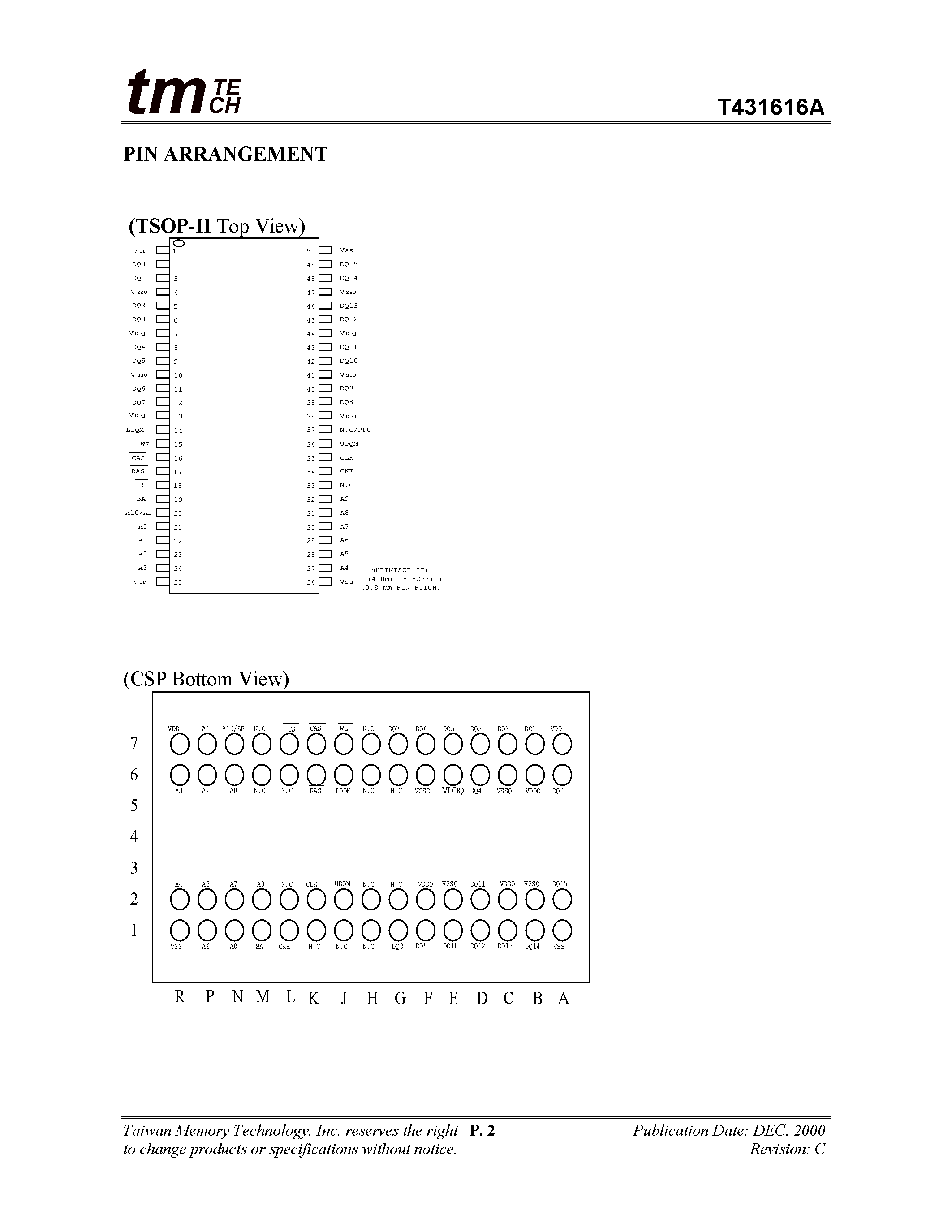 Даташит T431616A - 1M x 16 SDRAM страница 2
