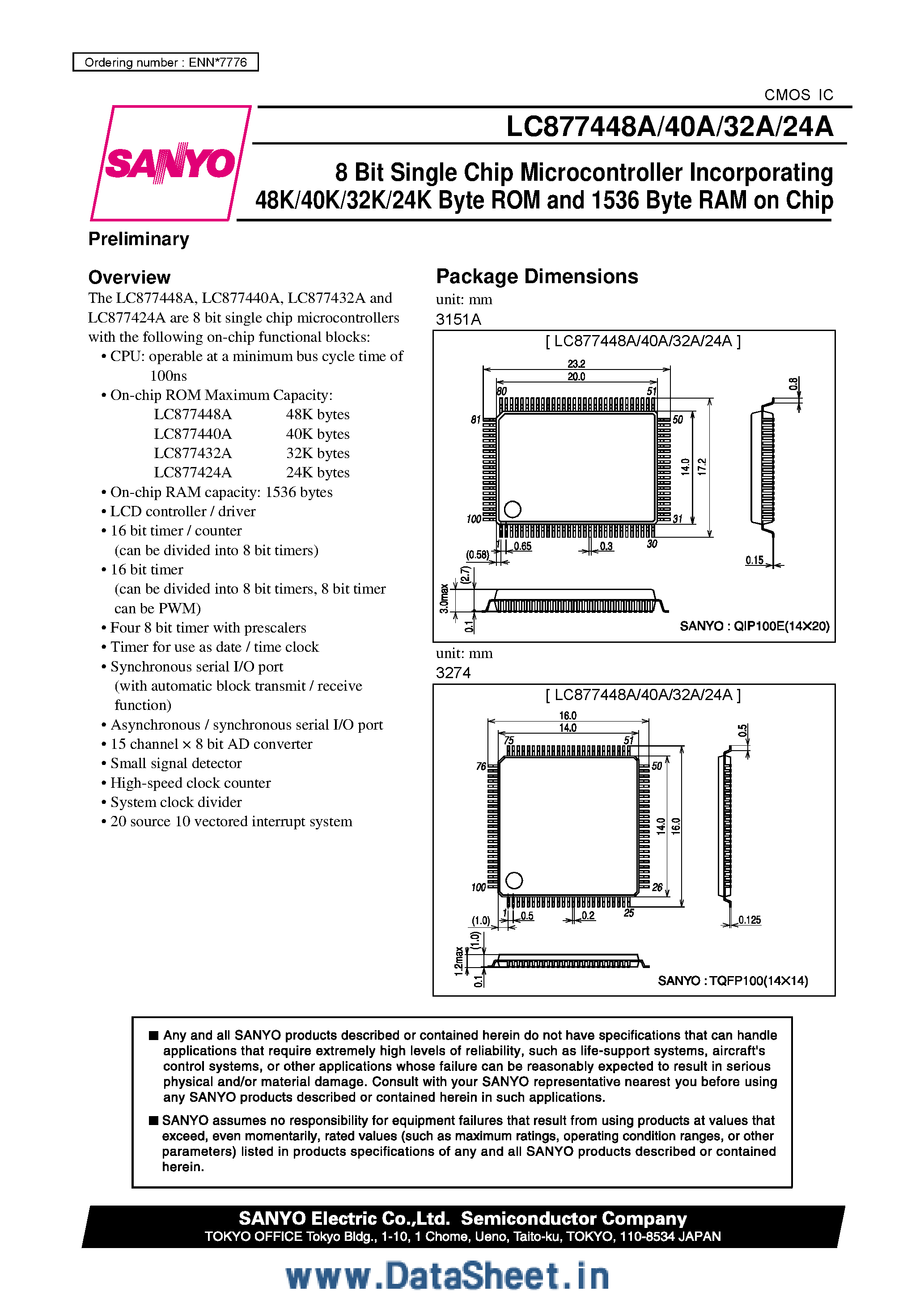 Datasheet LC877424A - (LC877424A - LC877448A) 8-Bit Single-Chip Microcontroller Incorporating page 1
