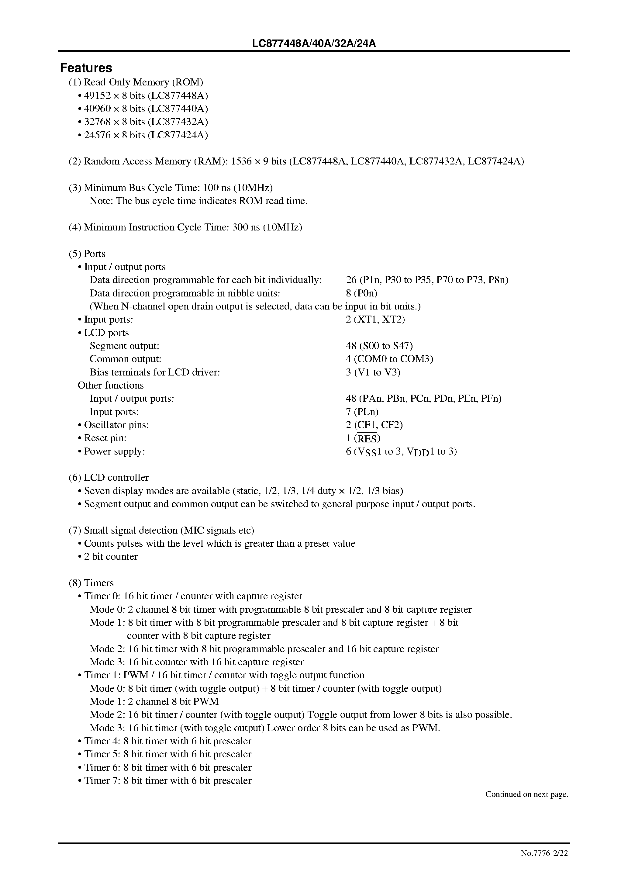 Datasheet LC877424A - (LC877424A - LC877448A) 8-Bit Single-Chip Microcontroller Incorporating page 2
