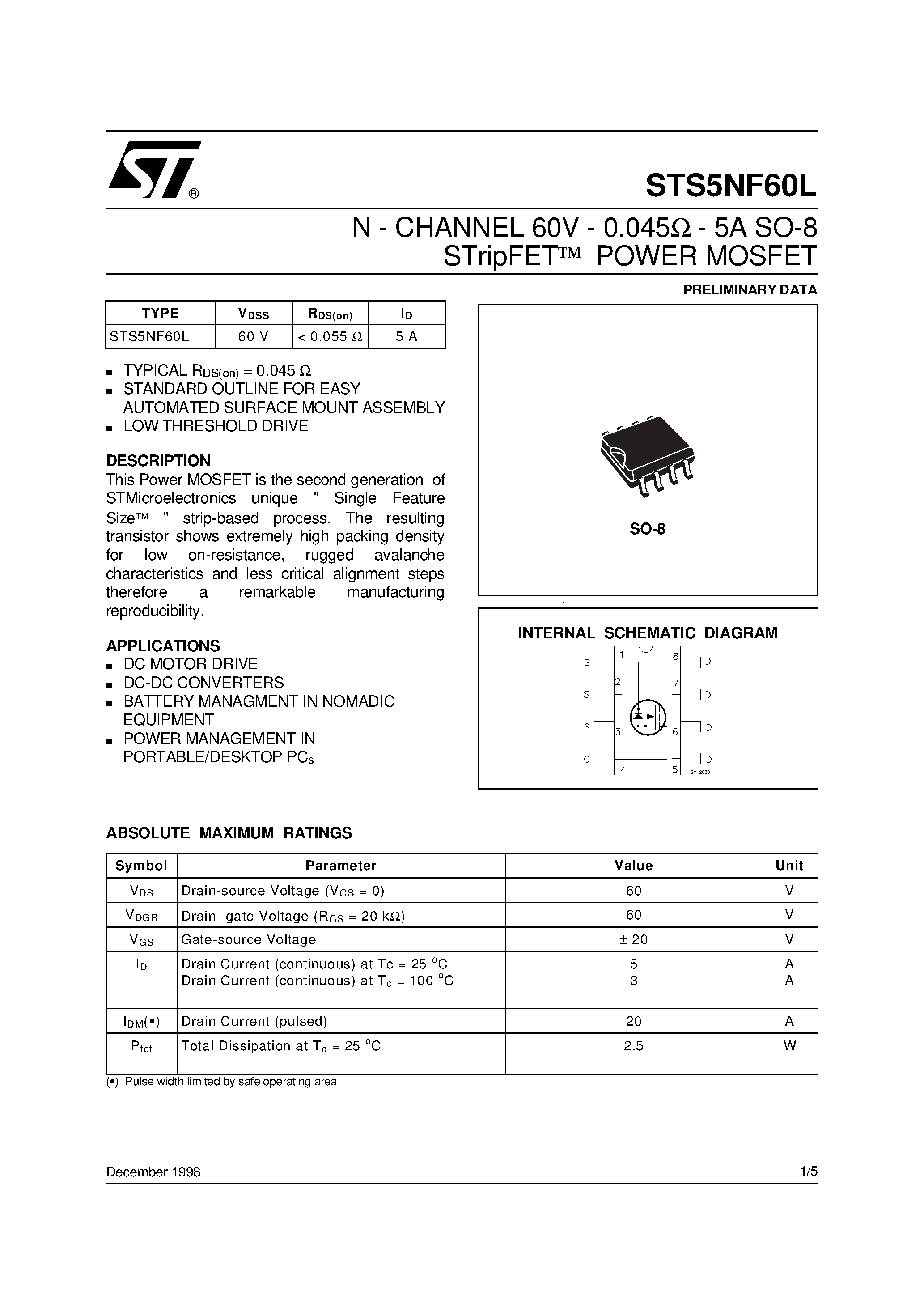 Datasheet STS5NF60L - N - CHANNEL 60V - 0.045ohm - 5A SO-8 STripFET POWER MOSFET page 1