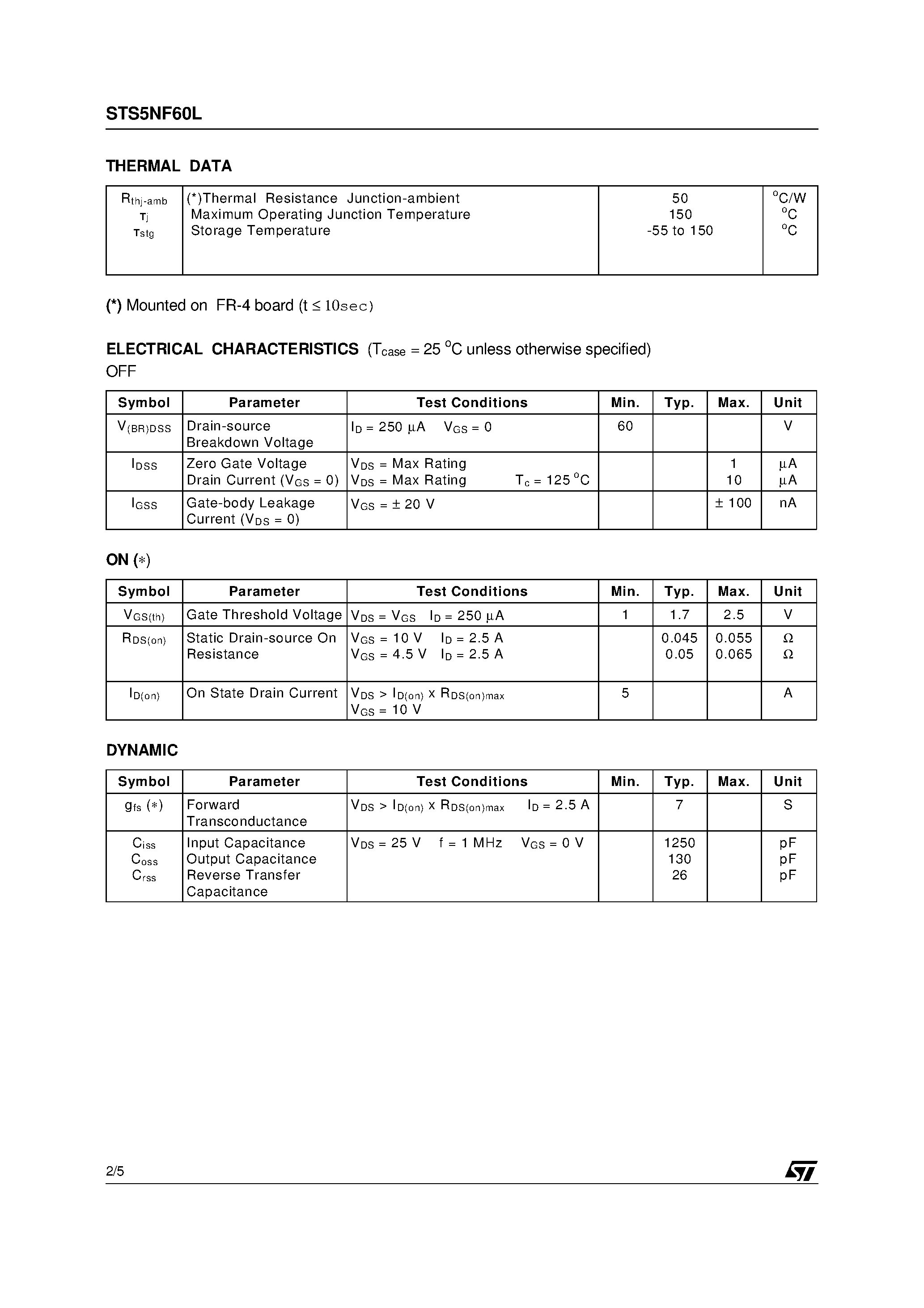 Datasheet STS5NF60L - N - CHANNEL 60V - 0.045ohm - 5A SO-8 STripFET POWER MOSFET page 2