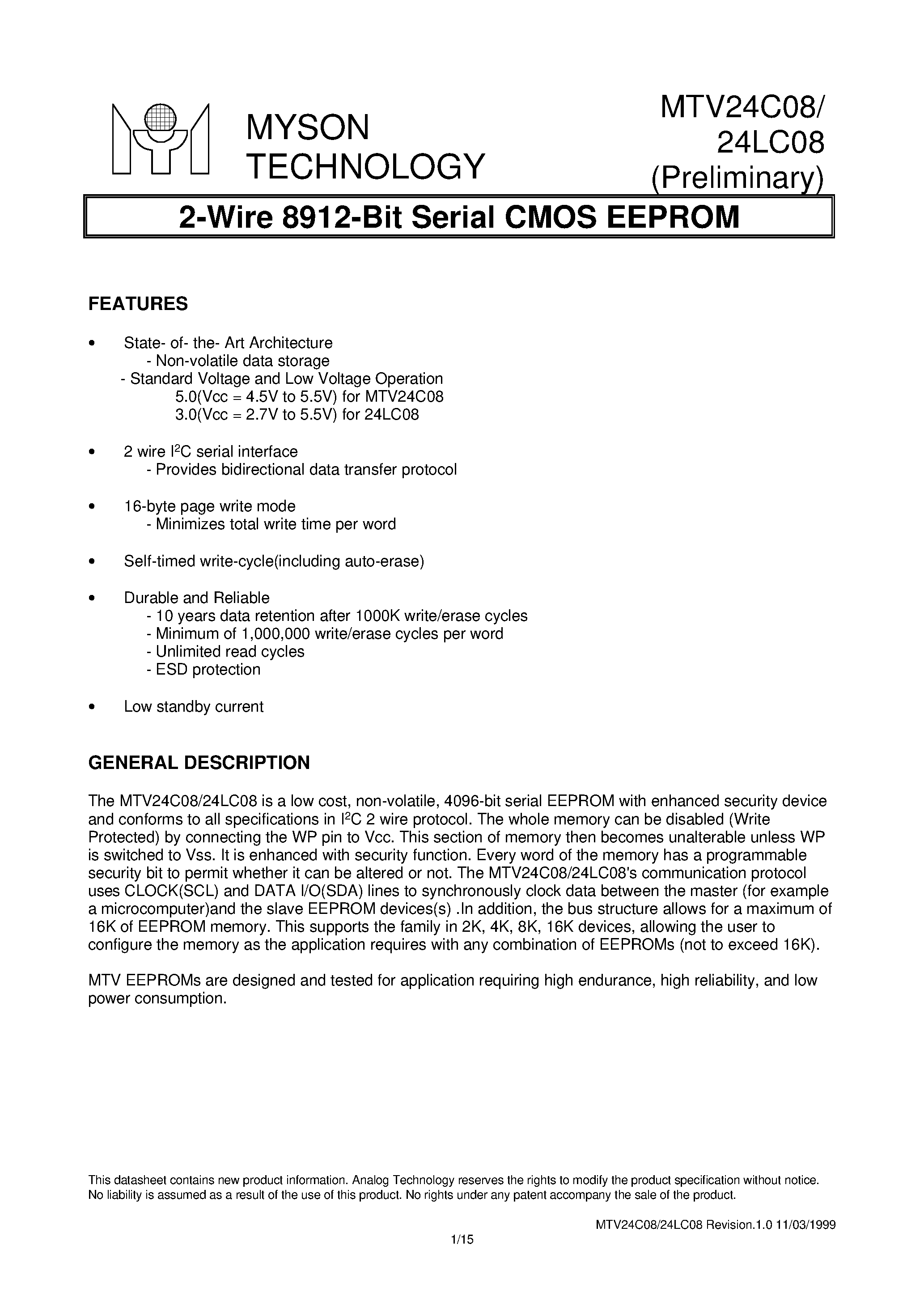 Datasheet MTV24C08 - (MTV24C08 / MTV24LC08) 2-Wire 8912-Bit Serial CMOS EEPROM page 1