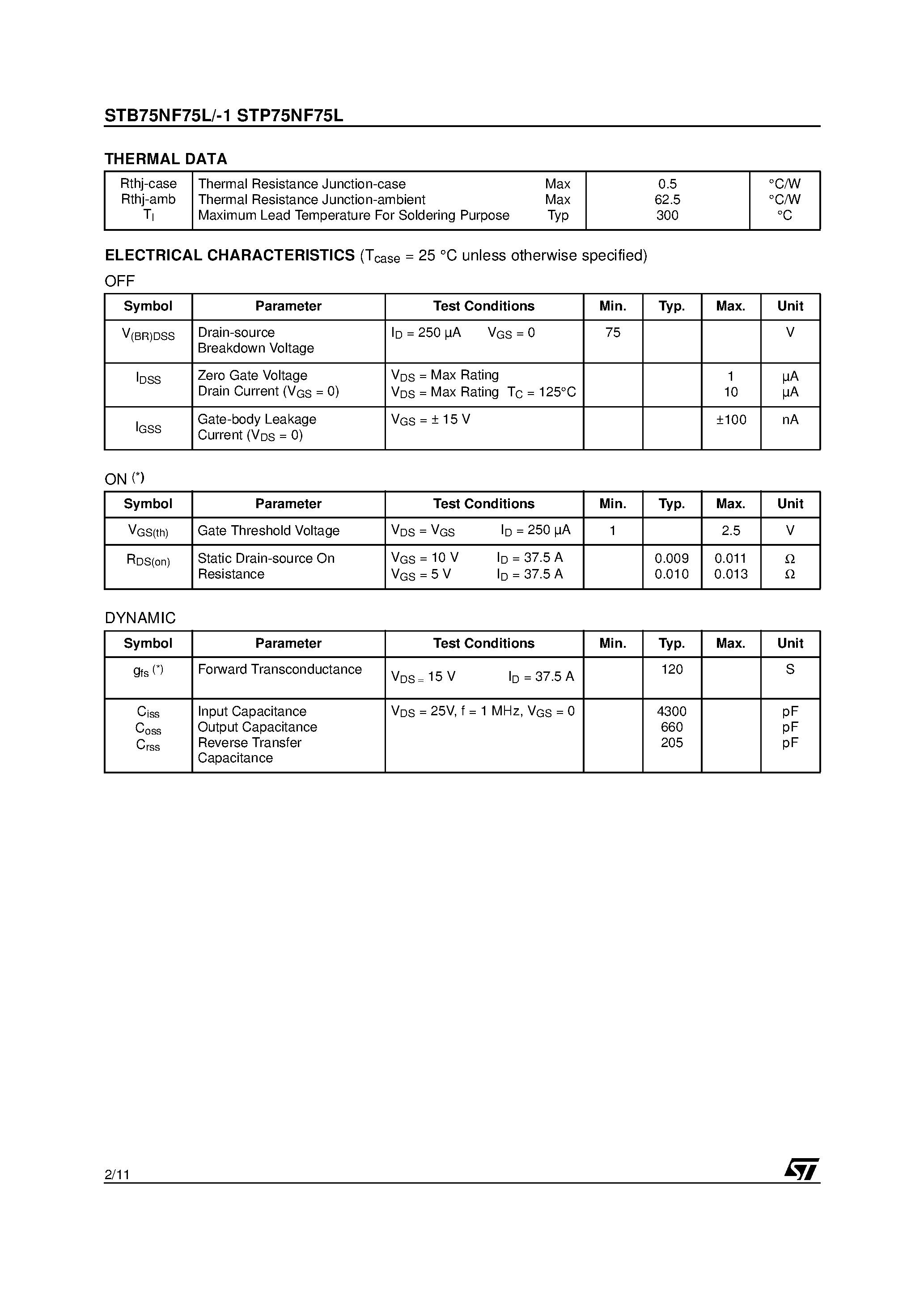 Datasheet STB75NF75L page 2 Datasheet STB75NF75L - N-CHANNEL MOSFET page 2