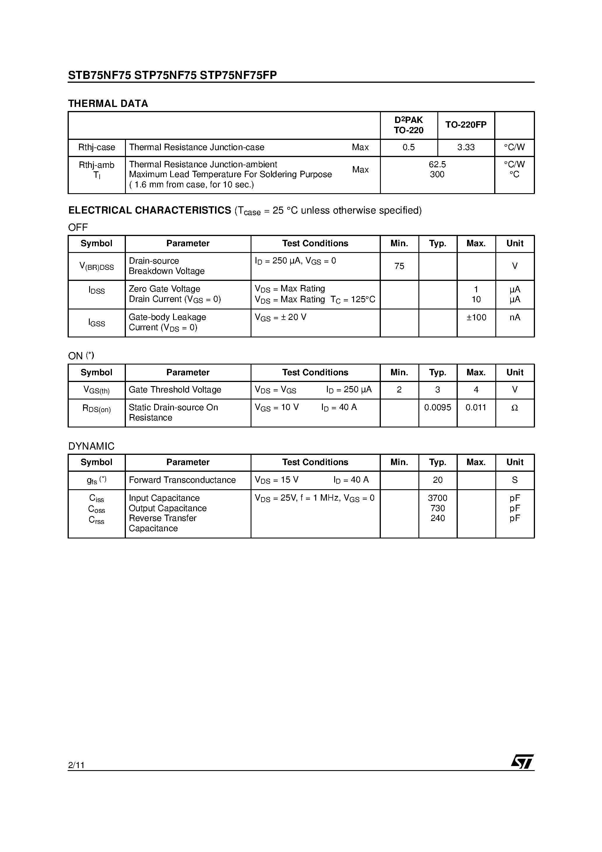 Datasheet STP75NF75 - N-CHANNEL MOSFET page 2