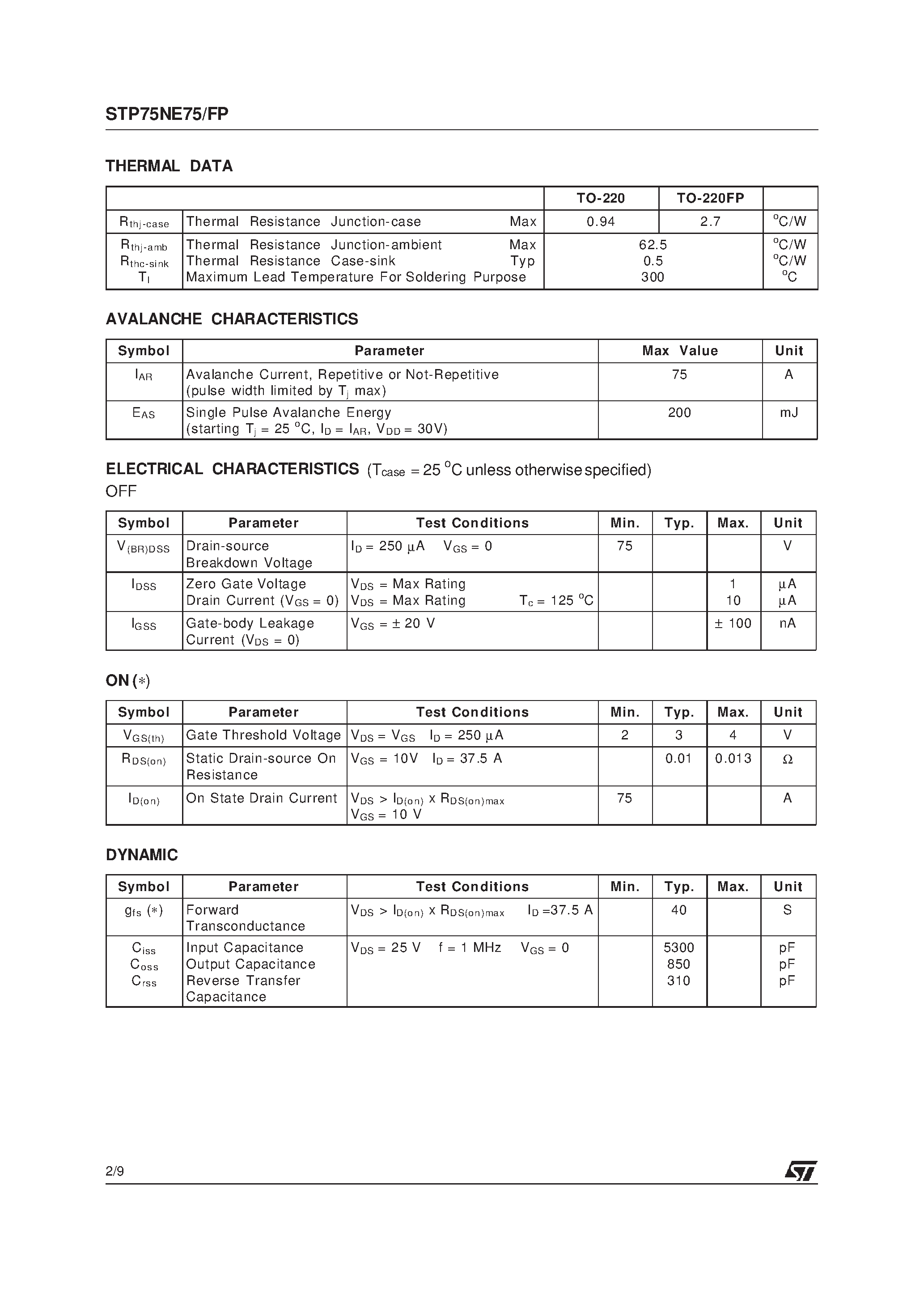 Datasheet STP75NE75 - N - CHANNEL 75V - 0.01ohm - 75A TO-220/TO-220FP STripFET POWER MOSFET page 2