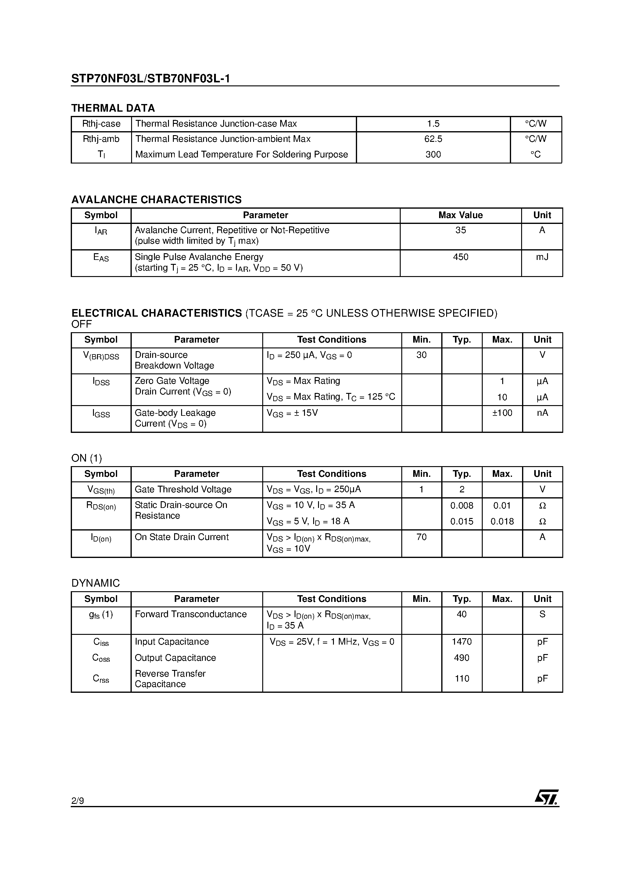 Datasheet STP70NF03L page 2 Datasheet STP70NF03L - N-CHANNEL MOSFET page 2