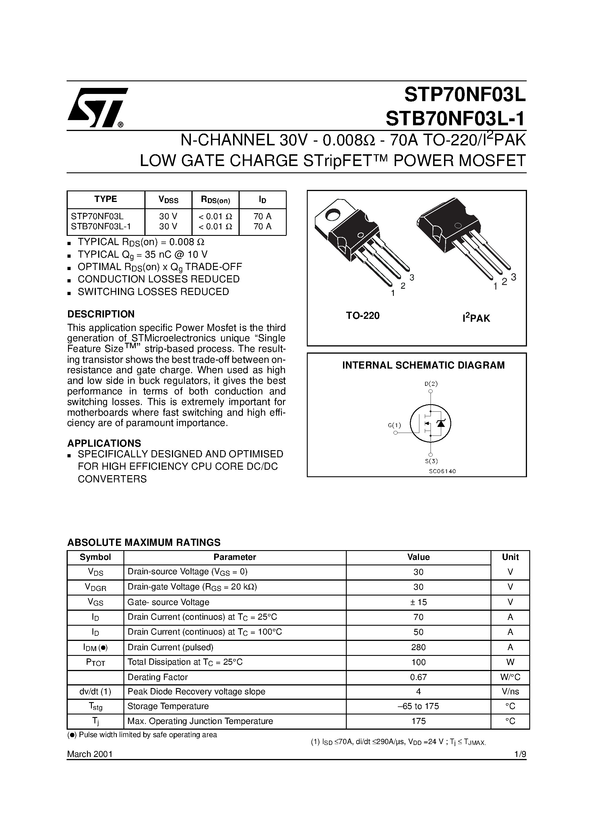 Даташит STB70NF03L-N-CHANNEL MOSFET страница 1