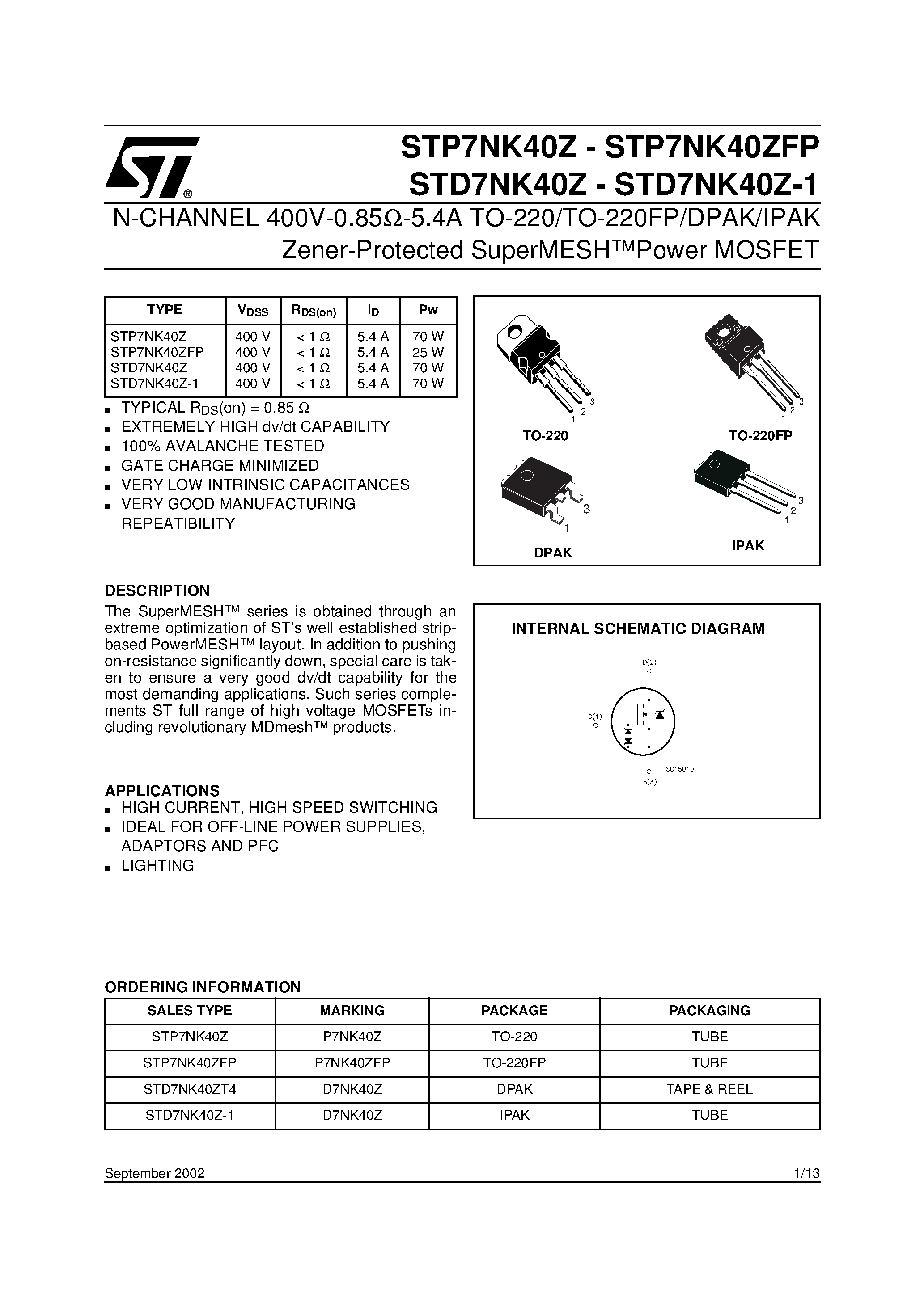 Datasheet STP7NK40Z - N-CHANNEL MOSFET page 1