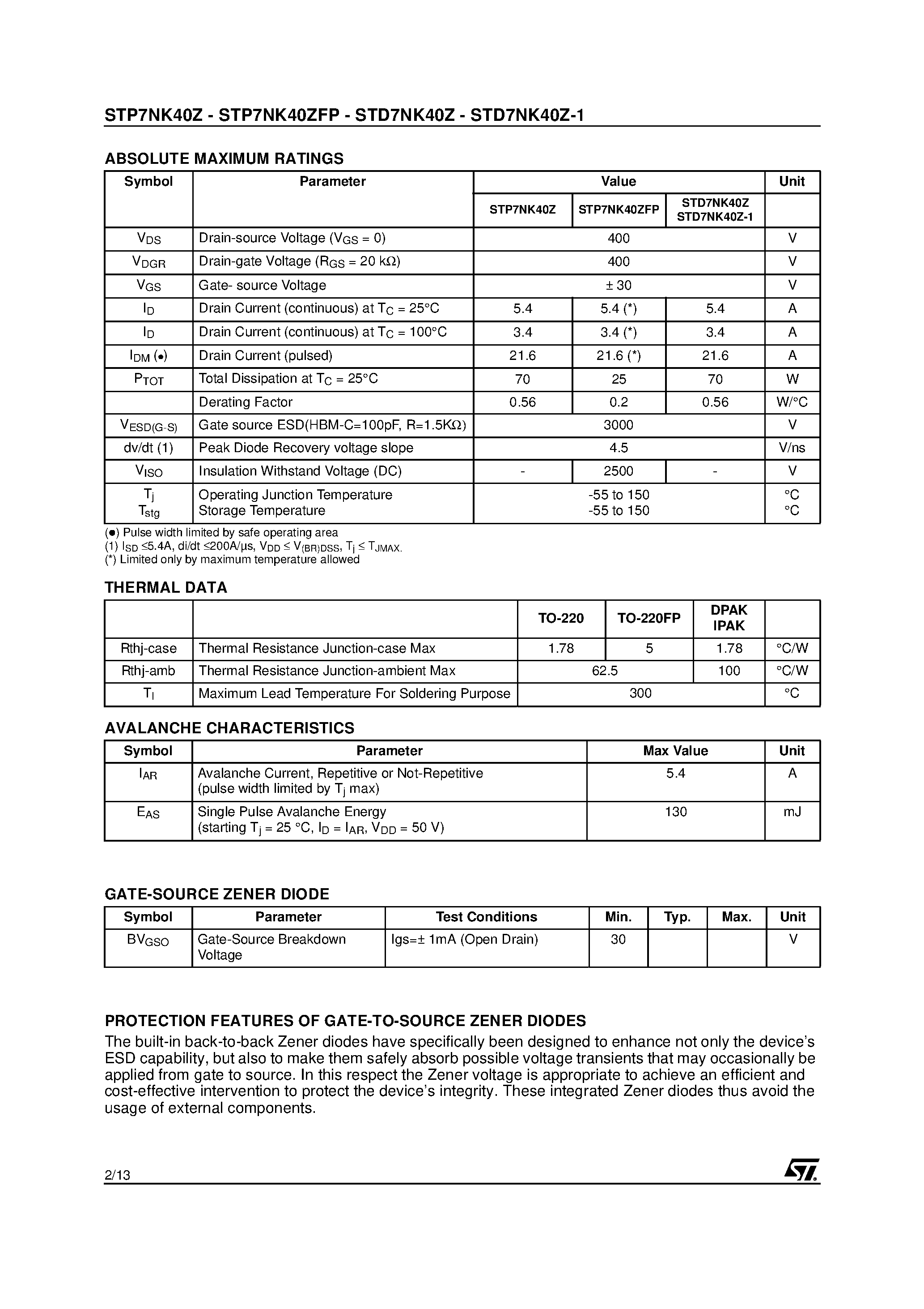Datasheet STP7NK40Z - N-CHANNEL MOSFET page 2