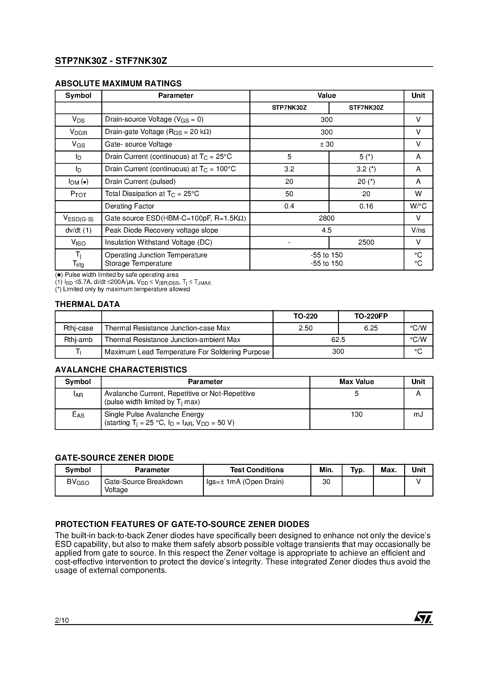 Datasheet STP7NK30Z - N-CHANNEL MOSFET page 2